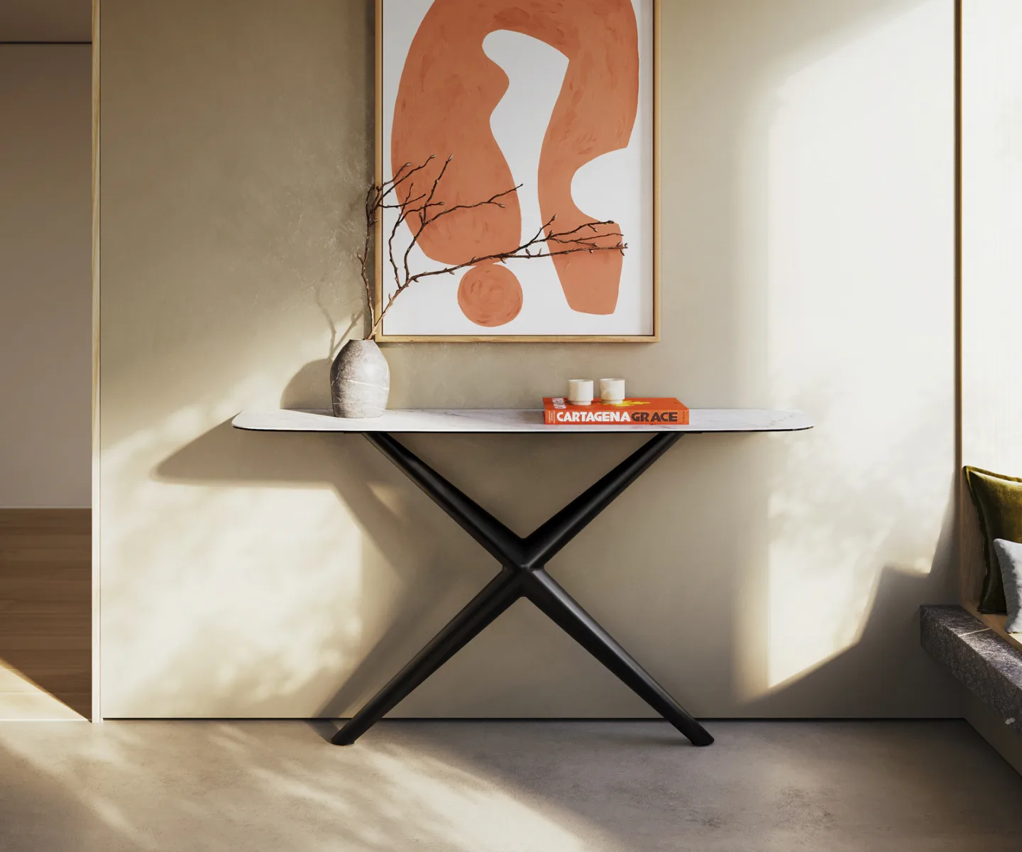 Konsolentisch Edge Boot 140x40 cm Keramik Laminam® Statuarietto Weiß Estelo Metall Schwarz