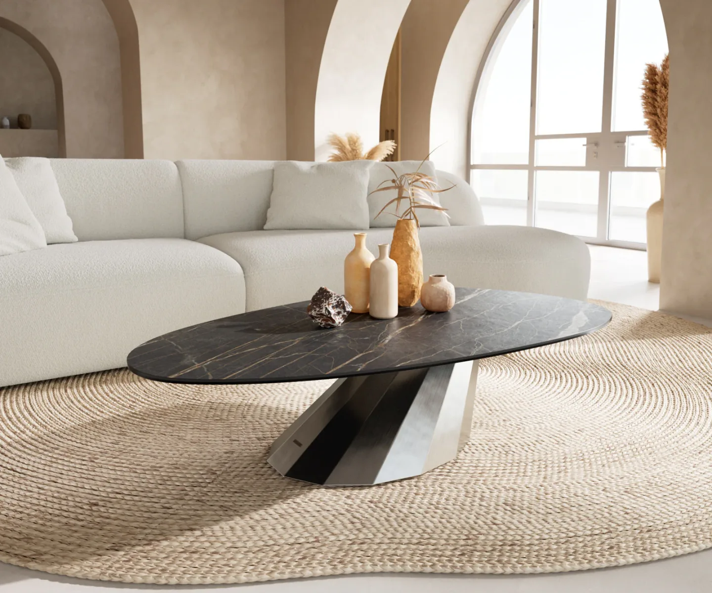 Couchtisch Edge Oval 140x75 cm Keramik Laminam® Noir Desir Braun Parabi Edelstahl gebürstet