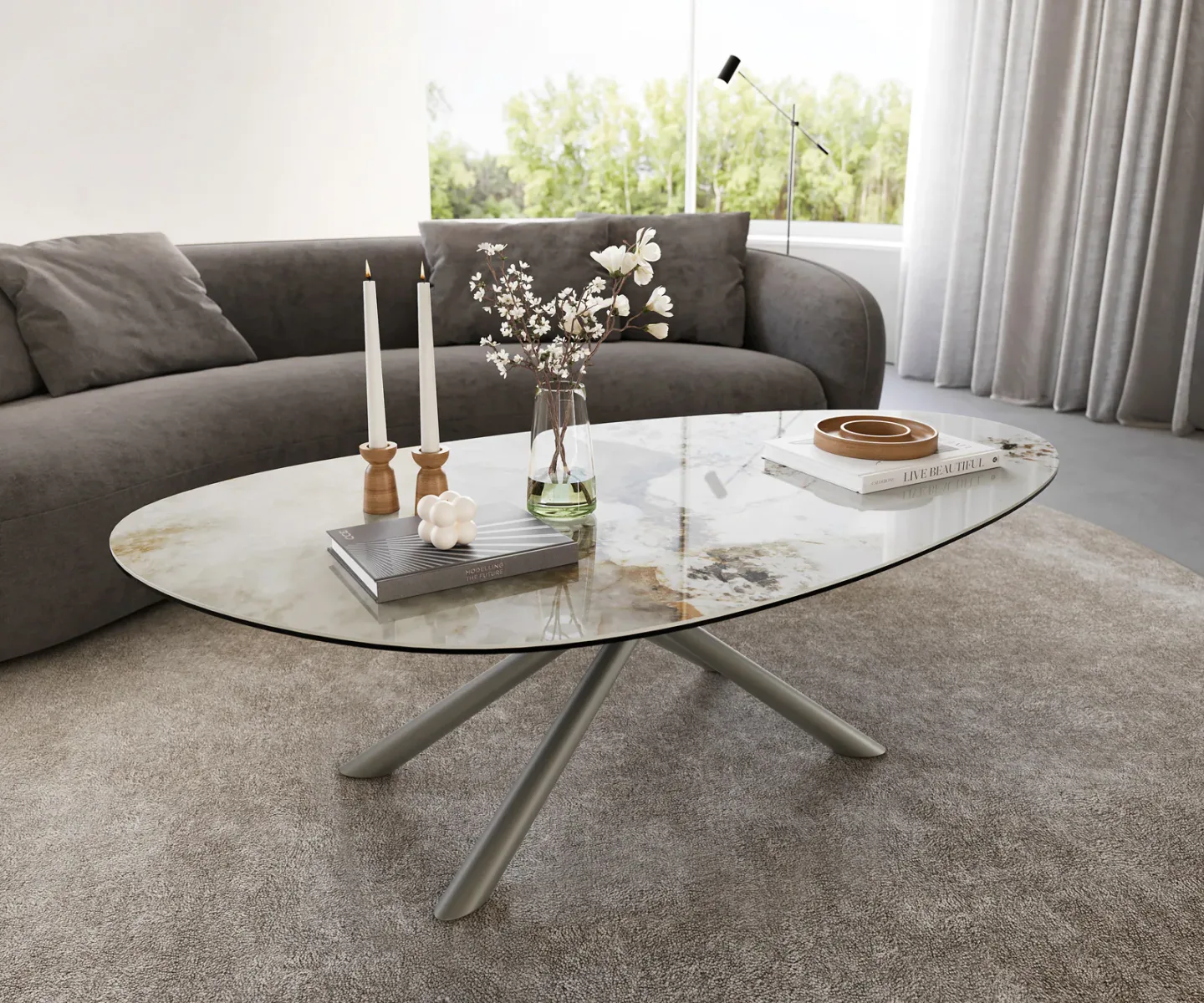 Couchtisch Edge Oval 140x75 cm Keramik Minas Melange Sarity Metall Effektfinish Titan