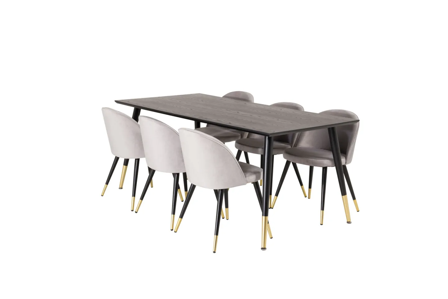 Dipp180x90BLBR Essgruppe Esstisch schwarz und 6 Velvet Esszimmerstühle Velour hellgrau.