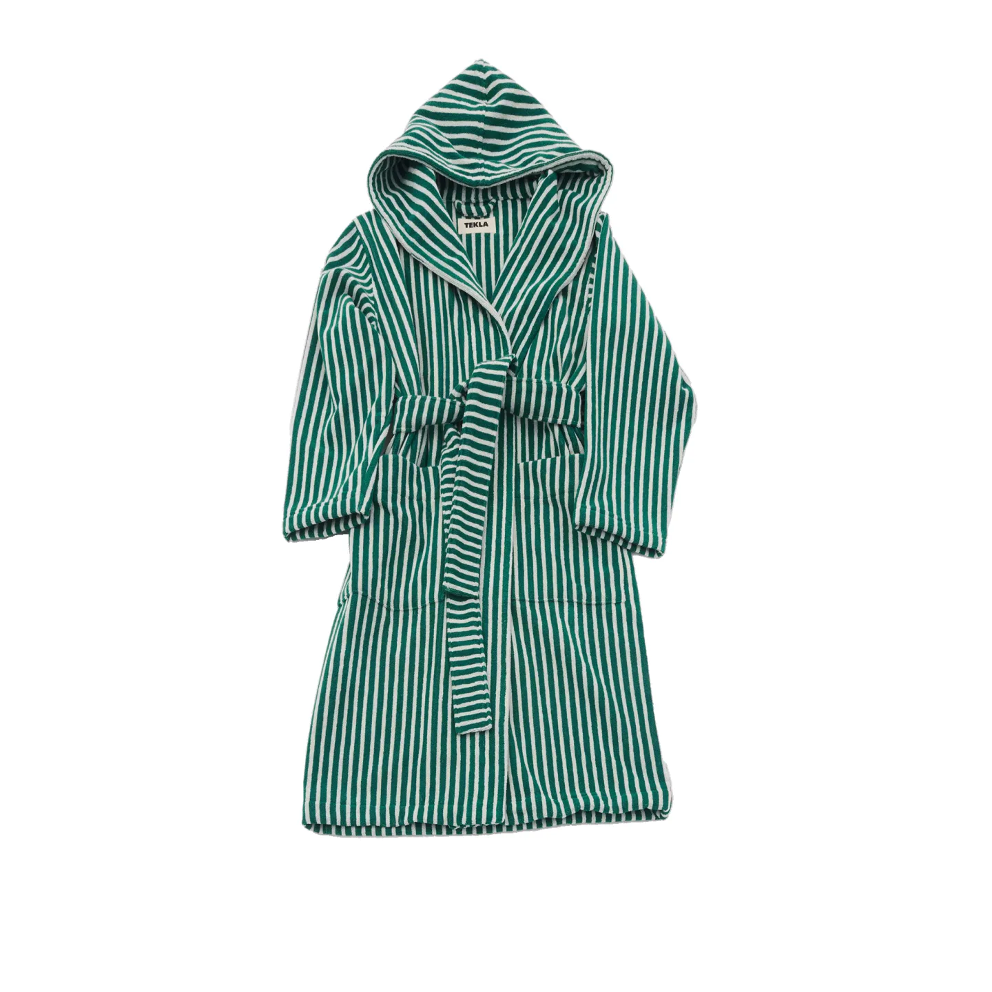 Tekla - Hooded Bathrobes L, Teal Green Stripes - Badrockar - Grön - Bomull