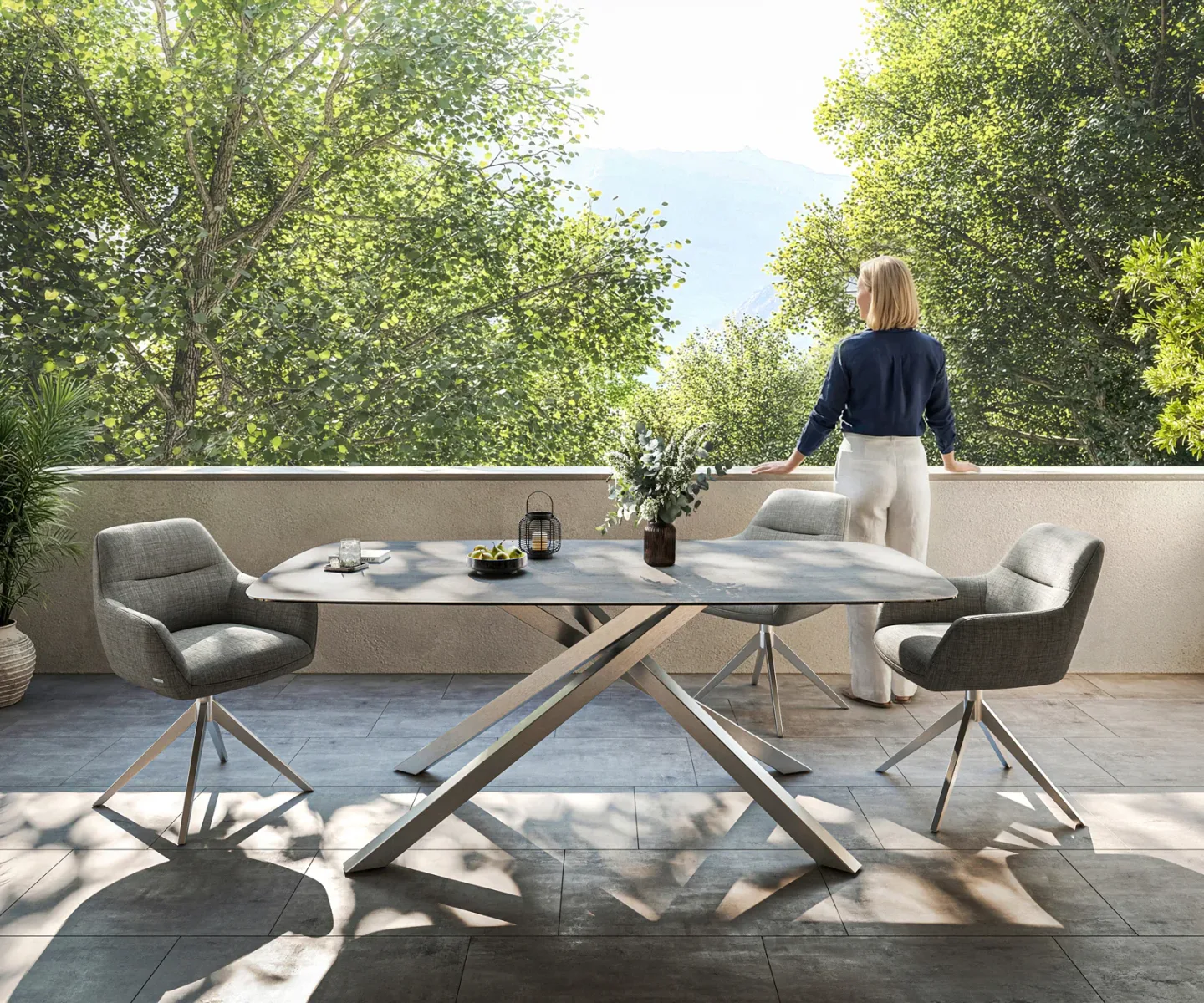 Outdoortisch Edge Boot 200x100 cm Keramik Beton Grau Kreuzgestell Rechteck Edelstahl