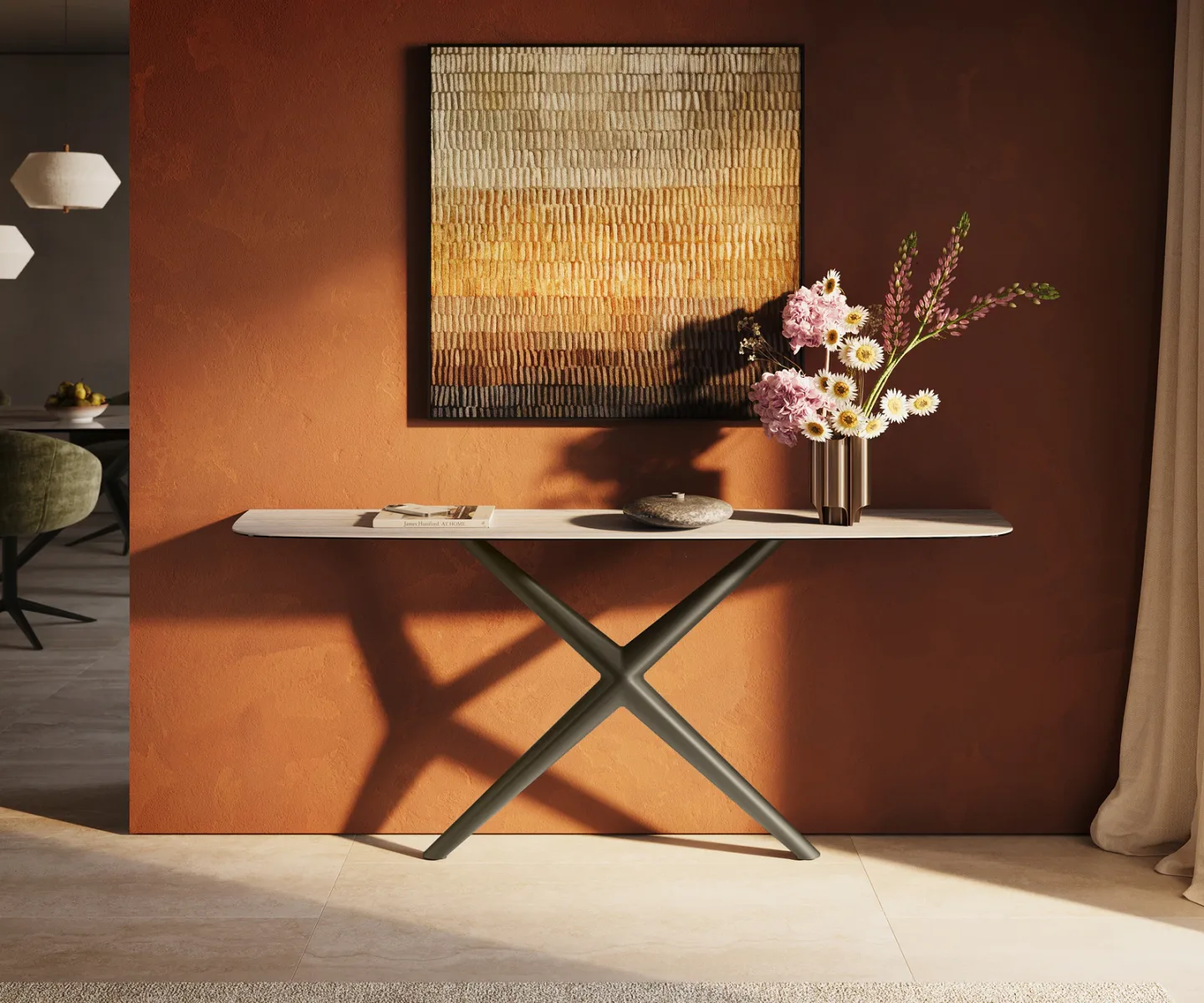 Konsolentisch Edge Boot 180x40 cm Keramik Laminam® Travertino Bianco Creme-Weiß Estelo Metall Effektfinish Titan