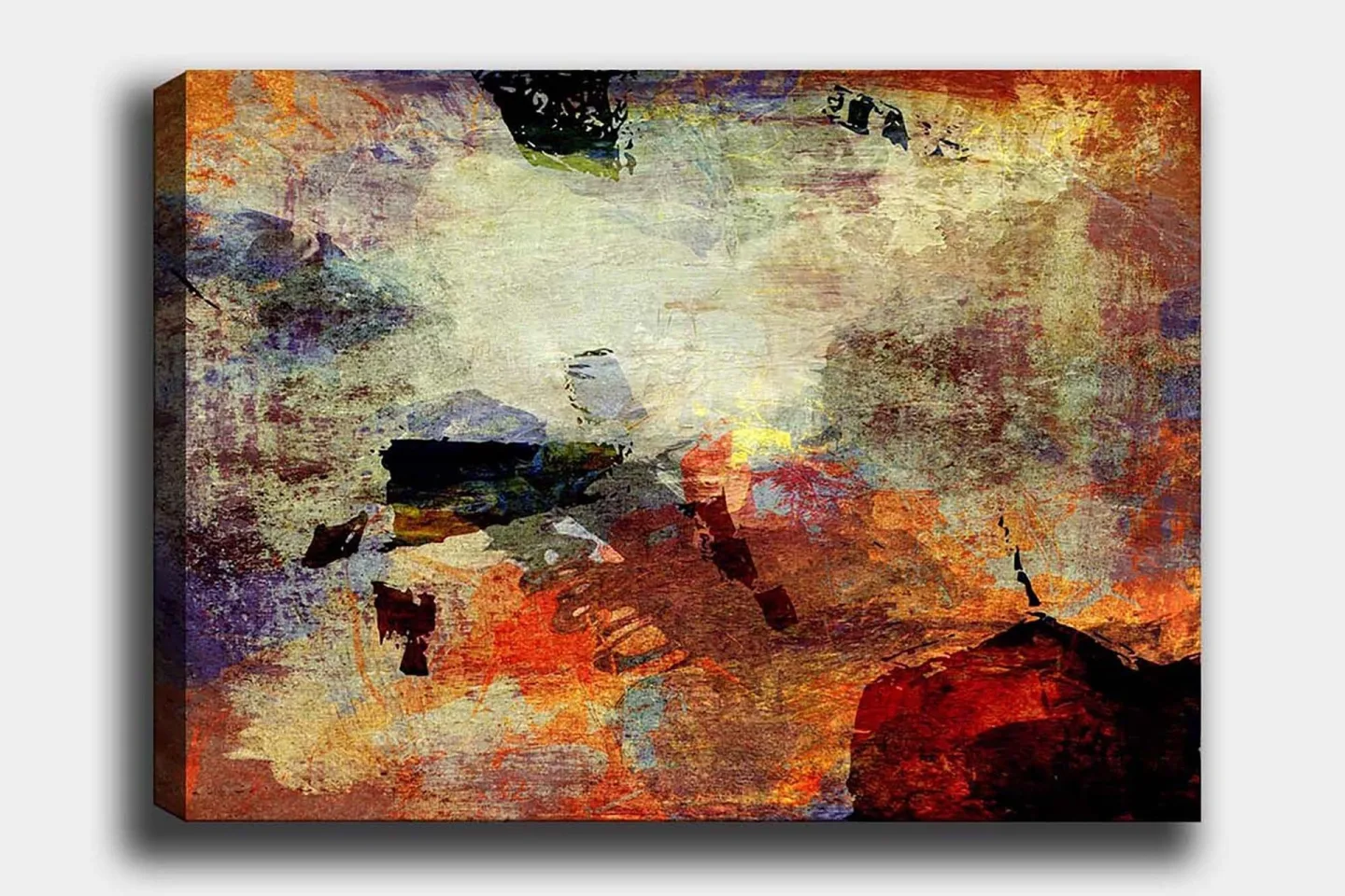 Canvastavla 70x100 cm - Abstrakt komposition med dynamiska färgfält som skapar en känsla av rörelse och djup - Röd / Orange / Grön