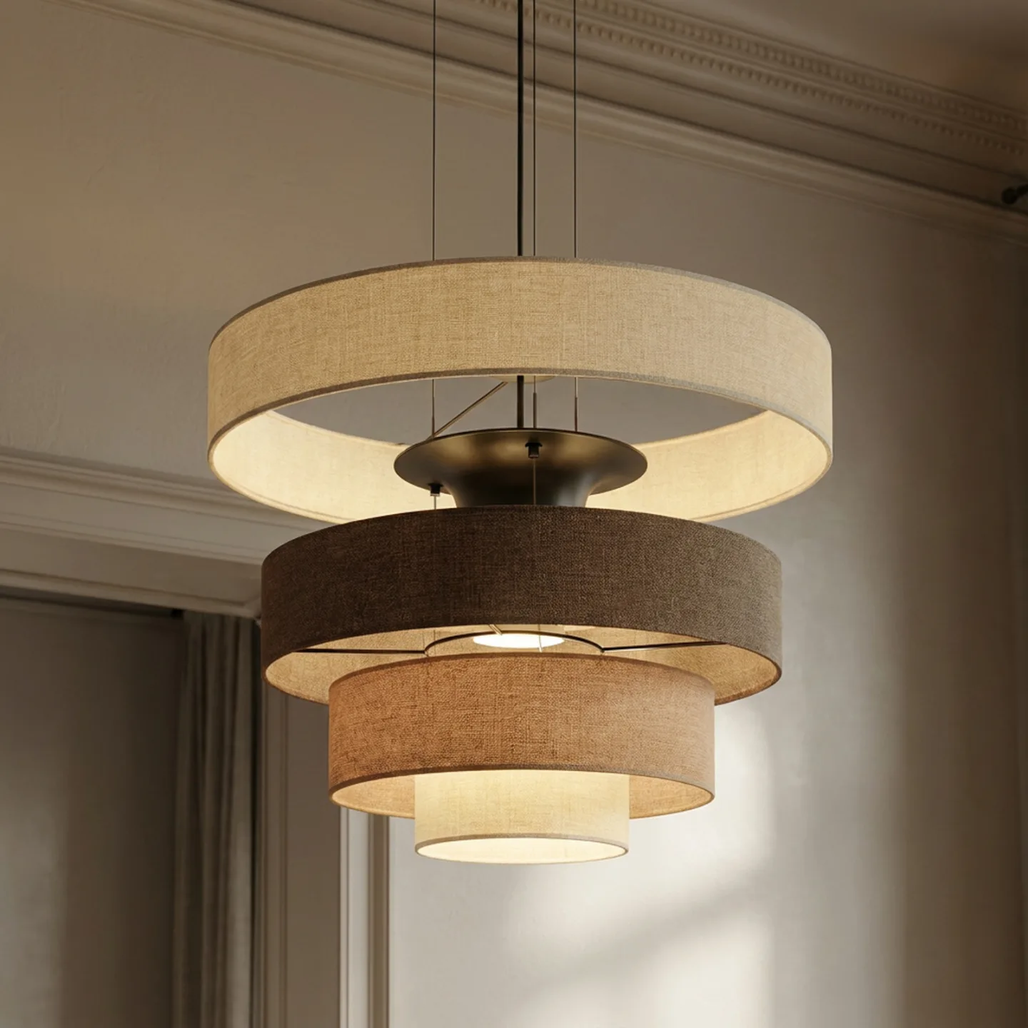 Peldano LED-hengelampe, brun/beige, Ø 50 cm, trinnvis dimbar - Lucande - Stue - Moderne - Stoff / Tekstil - Med en lyskilde