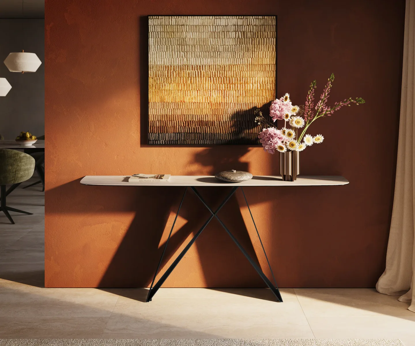 Konsolentisch Edge Boot 180x40 cm Keramik Laminam® Travertino Bianco Creme-Weiß Velio Metall Schwarz
