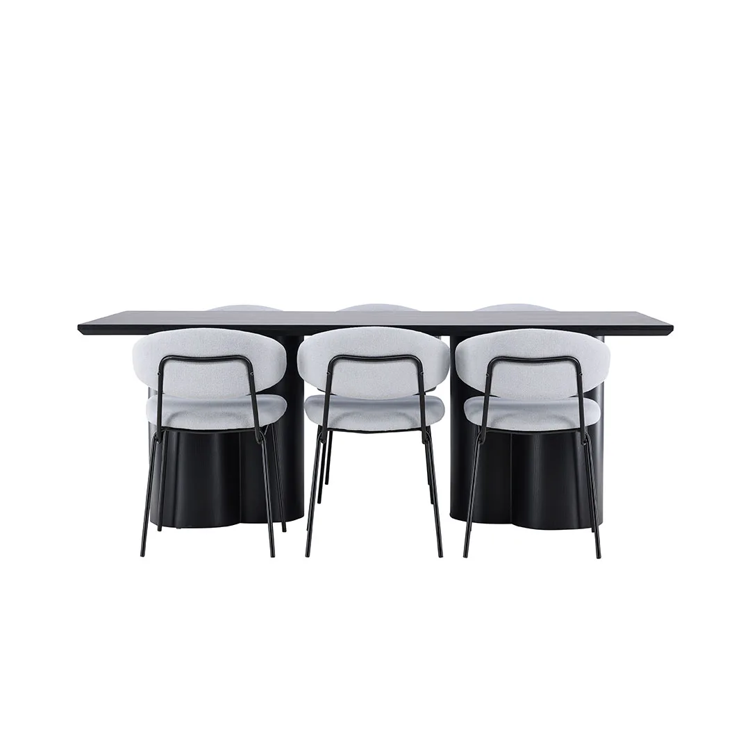 Olivia Essgruppe Tisch 100x210cm und 6 Boucle Stühle schwarz.