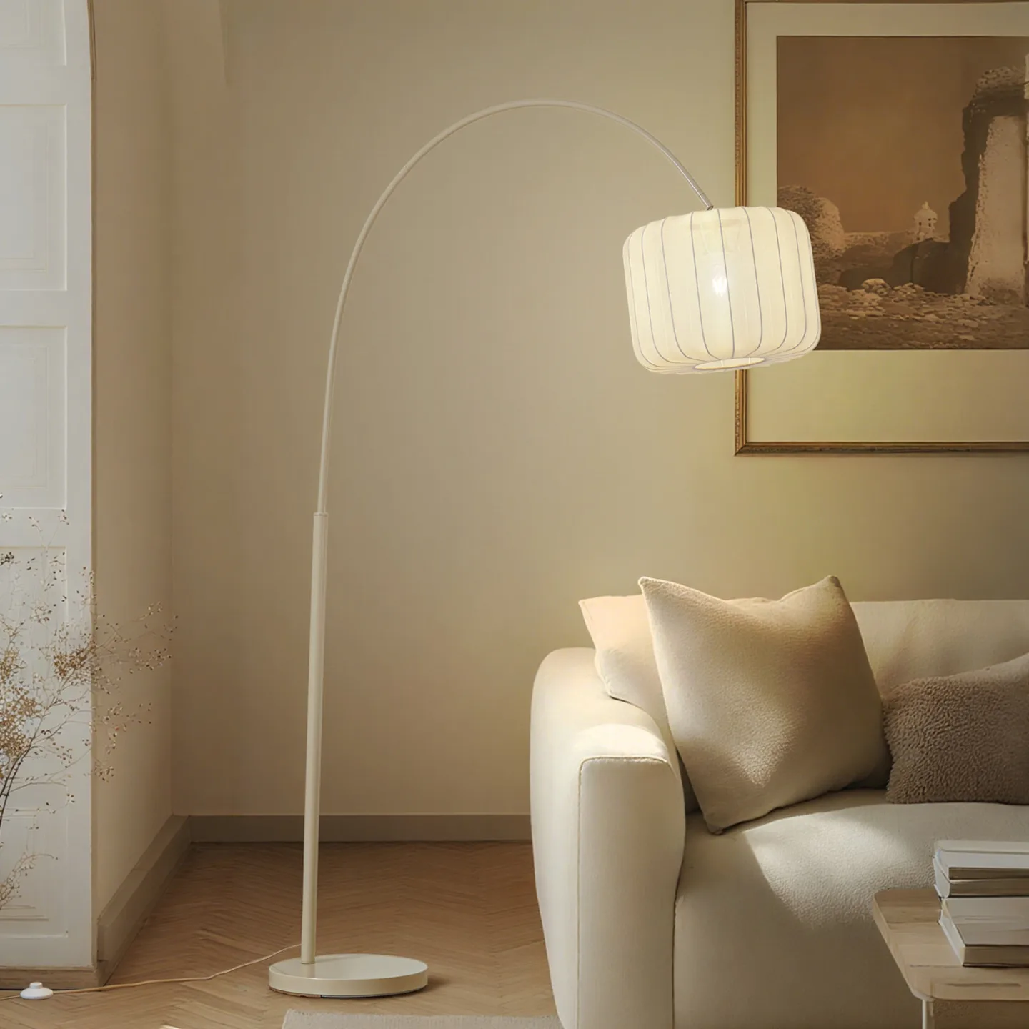 Helin buelampe, beige, tekstil, høyde 198,5 cm - Lindby - Stue - Moderne - Stoff / Tekstil - Med en lyskilde