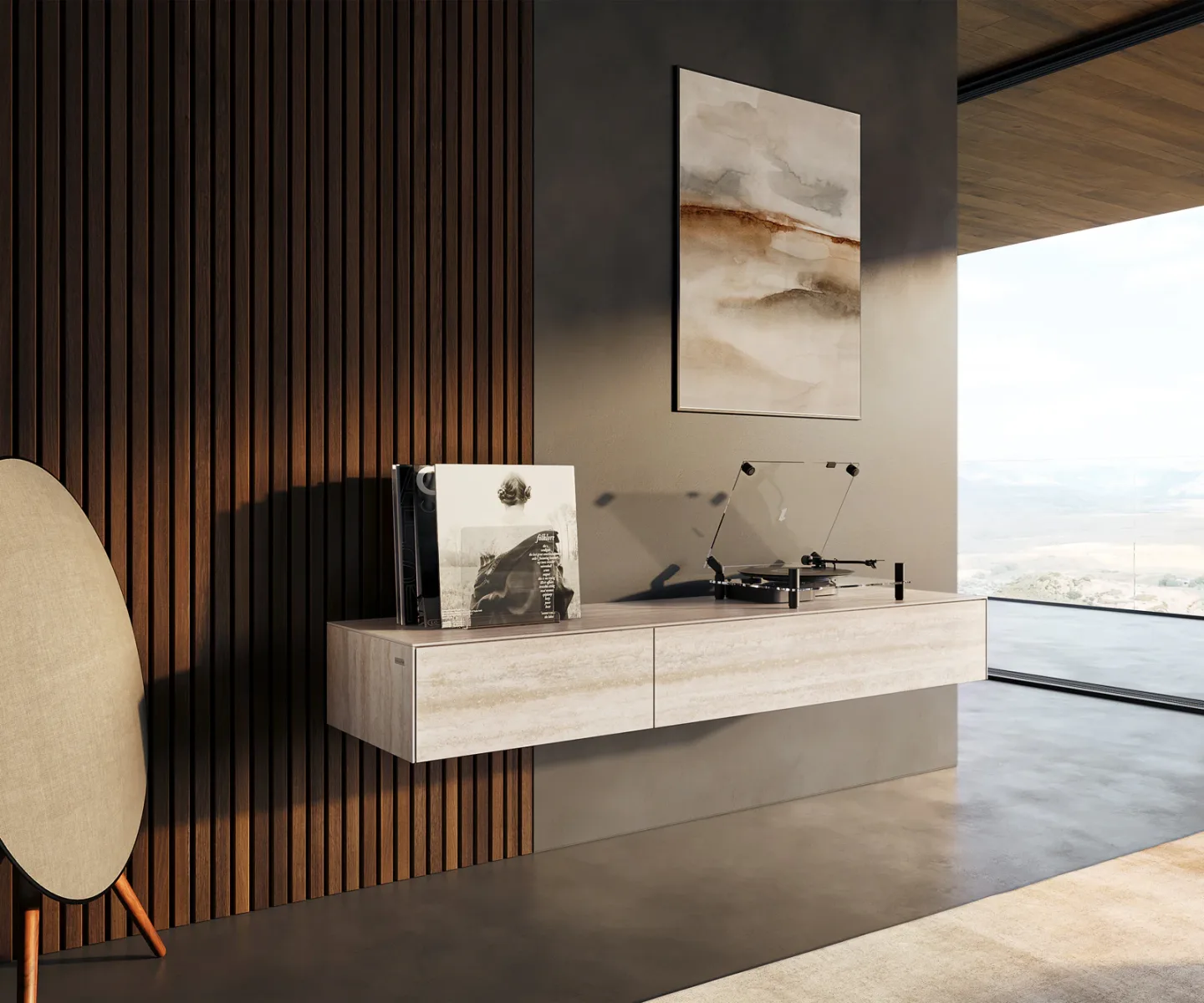 Lowboard Cuor 150 cm Keramik Laminam® Travertino Bianco Creme-Weiß 1 Klappe 1 Schubfach Schwebend