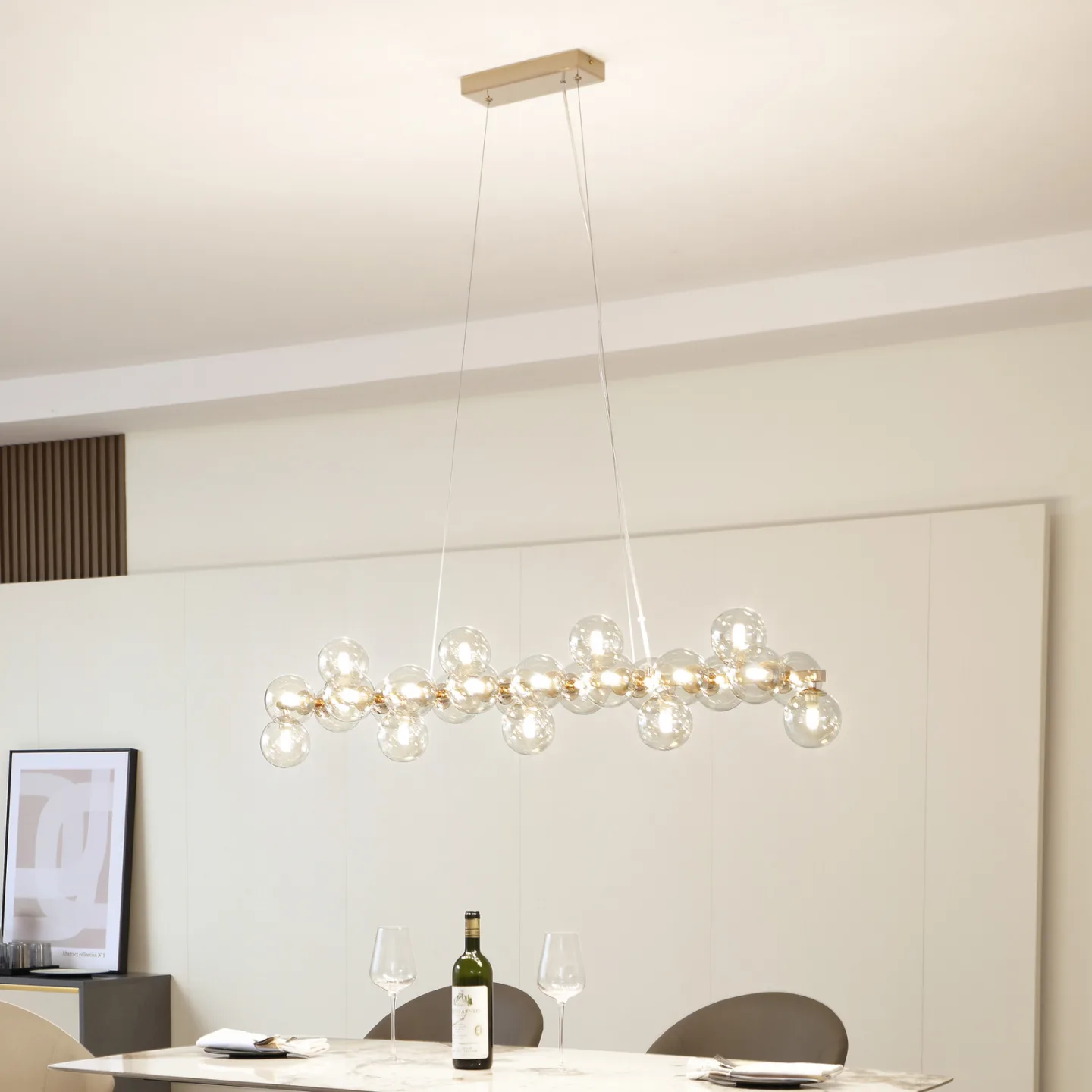 Lucande Hängeleuchte Naelen, gold/amber, 125 cm, Glas, G9 - Wohnzimmer - Modern - Metall - Mehrflammig