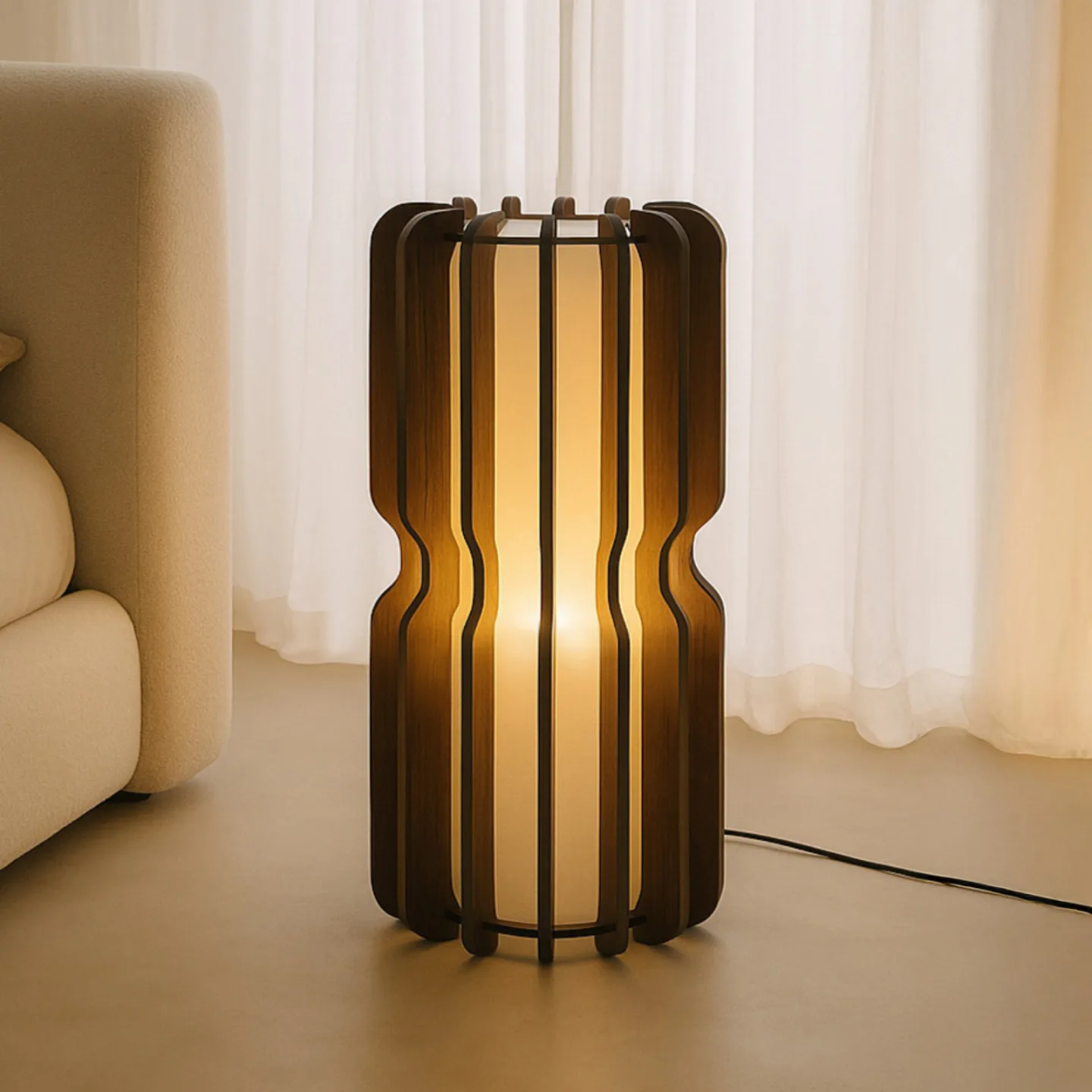Juneta golvlampa, brun, 75 cm, trä/textil - Lucande - Vardagsrum - Skandinavisk - Med en ljuskälla