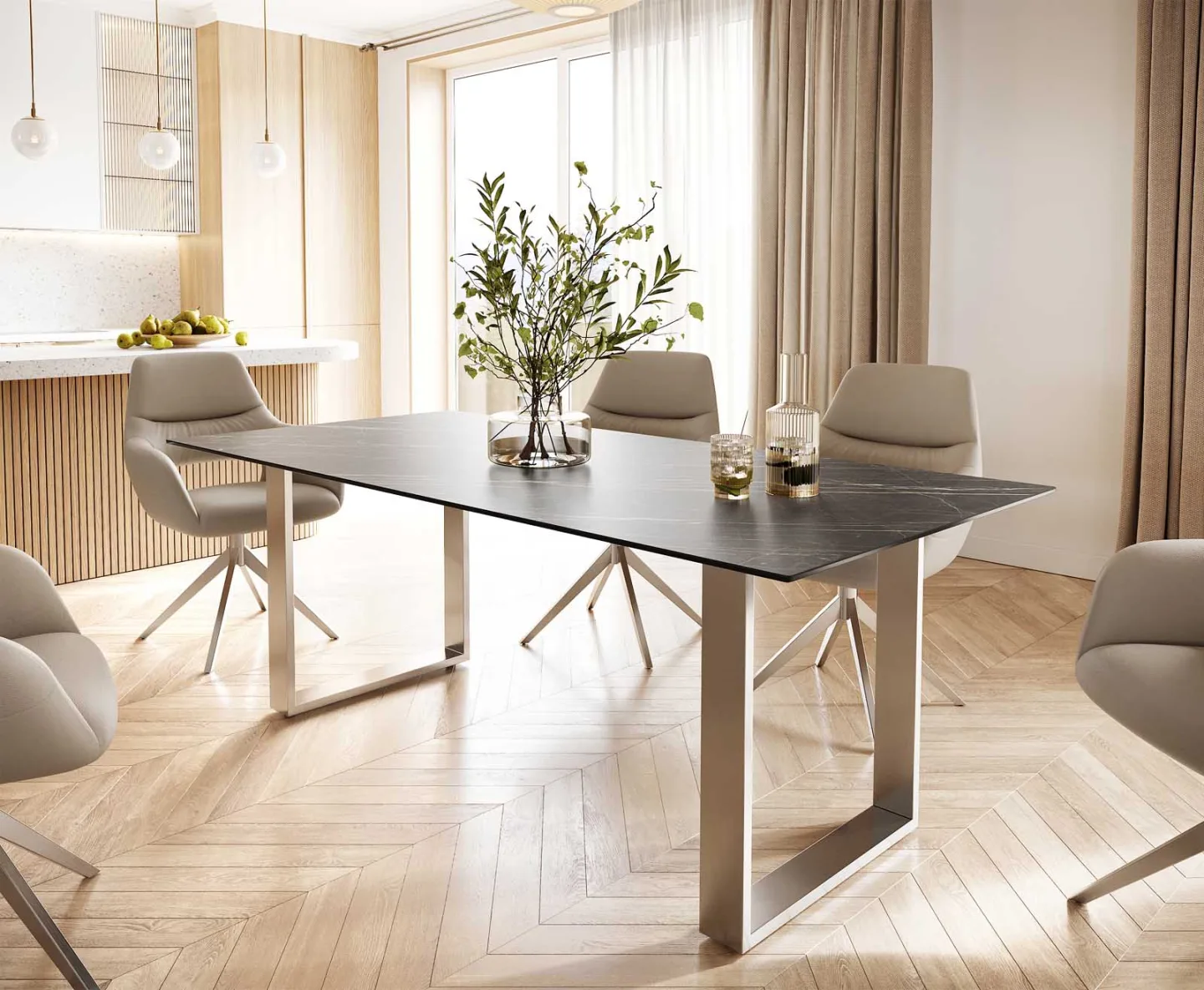 Esstisch Edge 200x100 Keramik Laminam® Noir Desir Braun Edelstahl Schmal