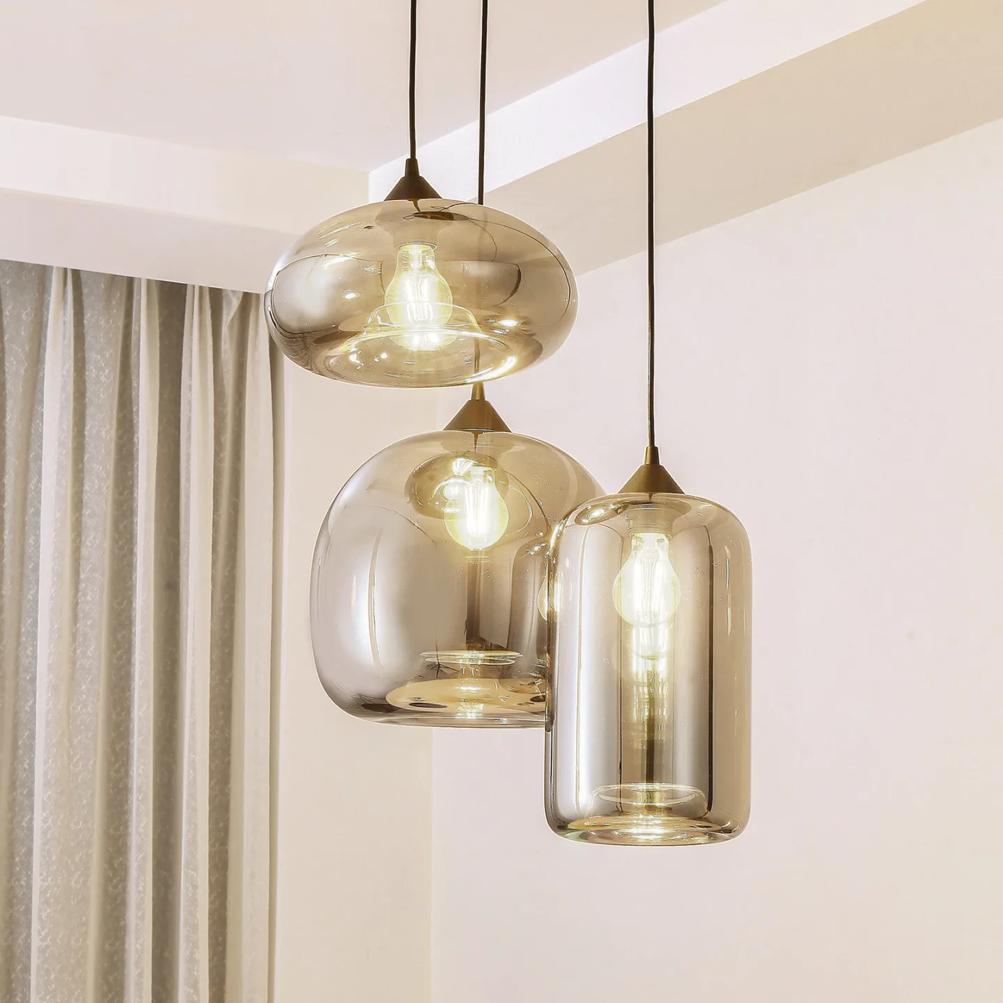 Marla hengelampe, røykgrå, 50 cm, rund, glass - Lindby - Stue - Moderne - Med flere lyskilder