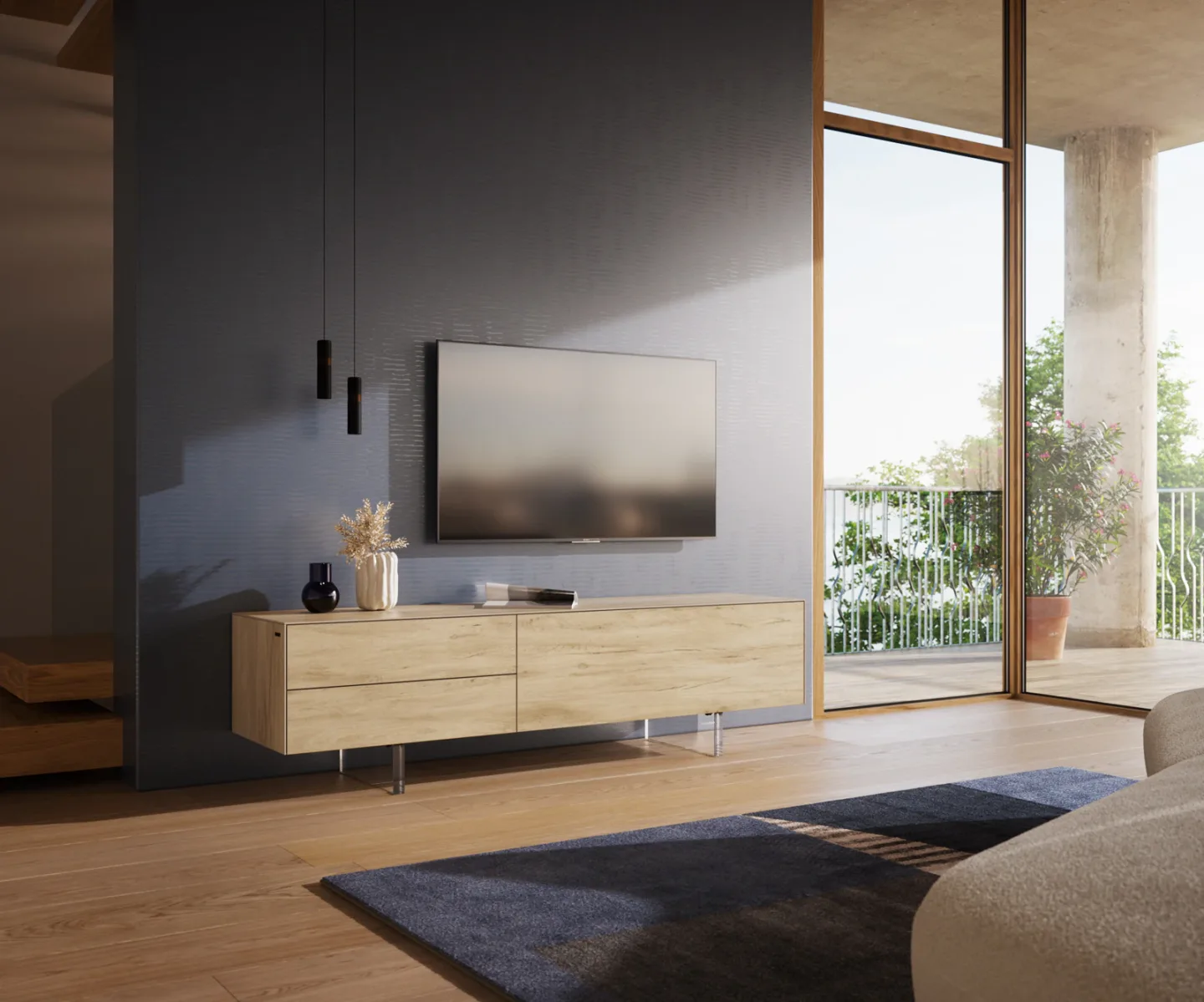 Lowboard Cuor 180 cm Keramik Laminam® Sabbia Eichefarbig 1 Klappe 2 Schubfächer Fuß Schwebeoptik Acrylglas
