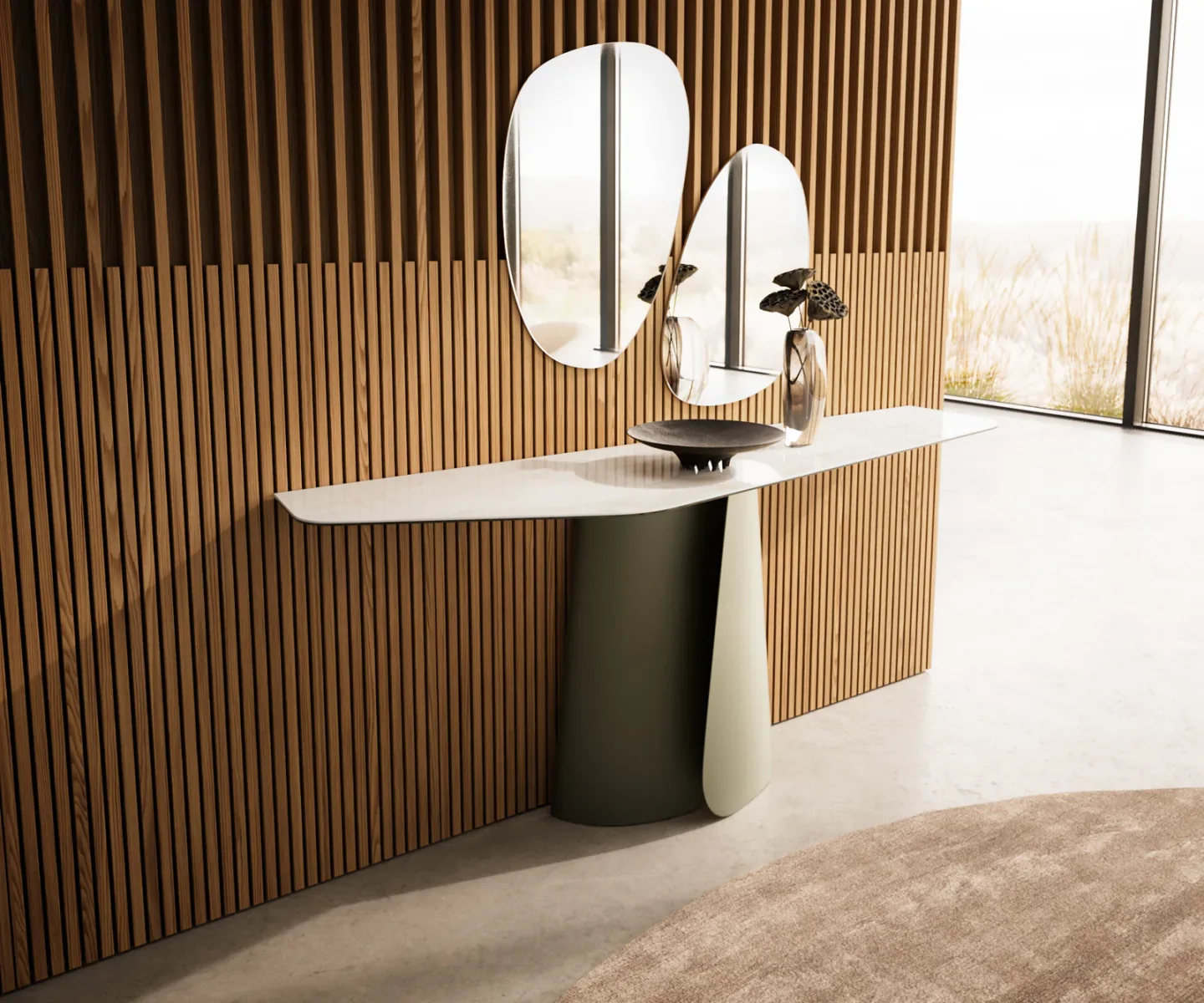 Konsolentisch Edge Polygonal 180x50 cm Keramik Onyx Champagne Livos Metall Effektfinish Titan