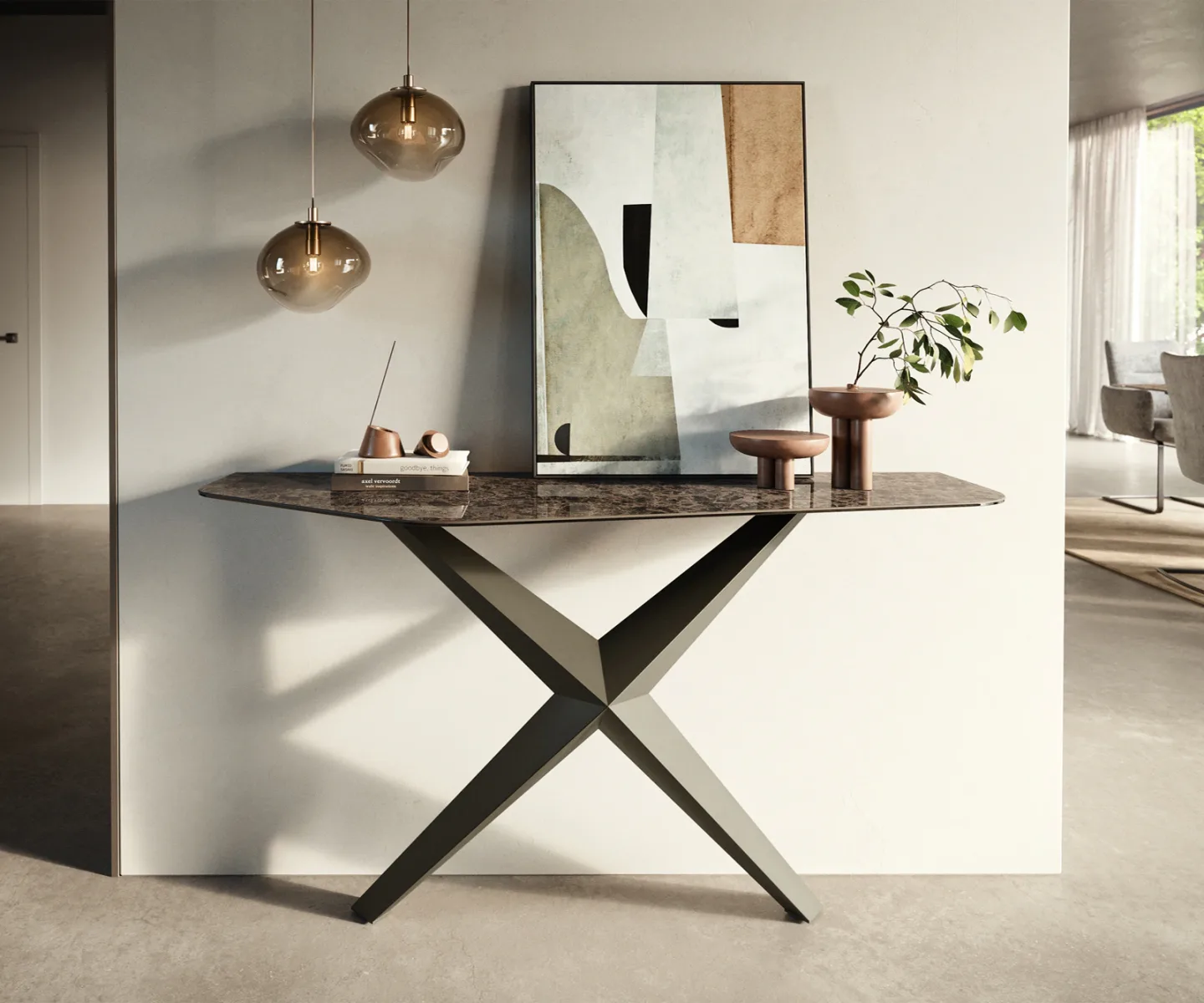 Konsolentisch Edge Polygonal 140x50 cm Keramik Emperador Extra Lucidato Dunkelbraun Zentharo Metall Effektfinish Titan