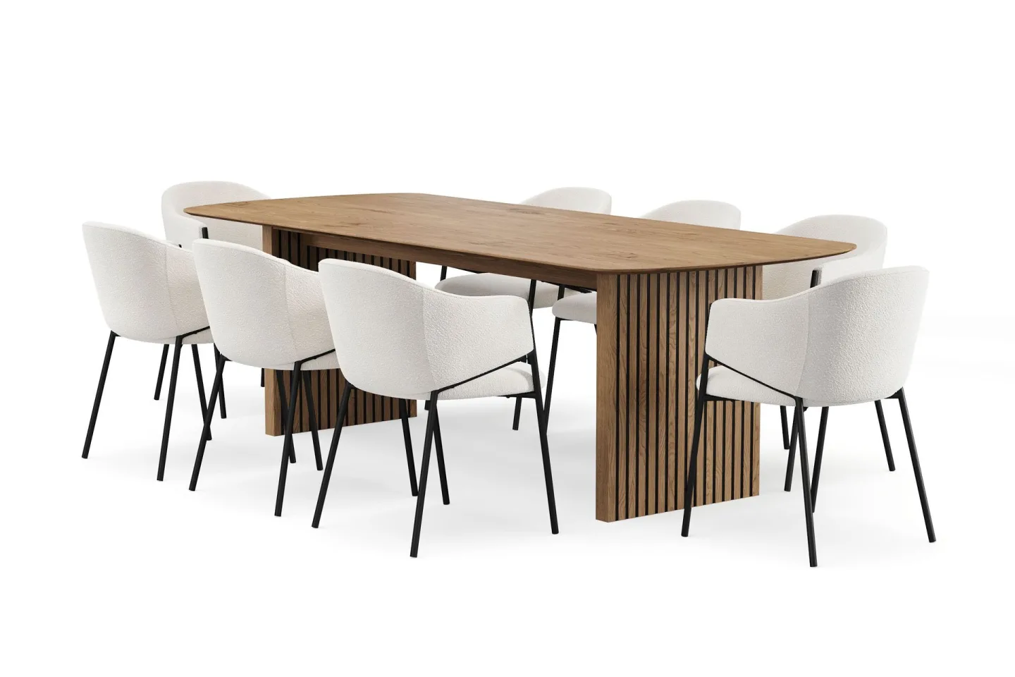 Richeto Matbord 240 cm med 8 Filip Matstolar - Naturlig finish / Vit Bouclé