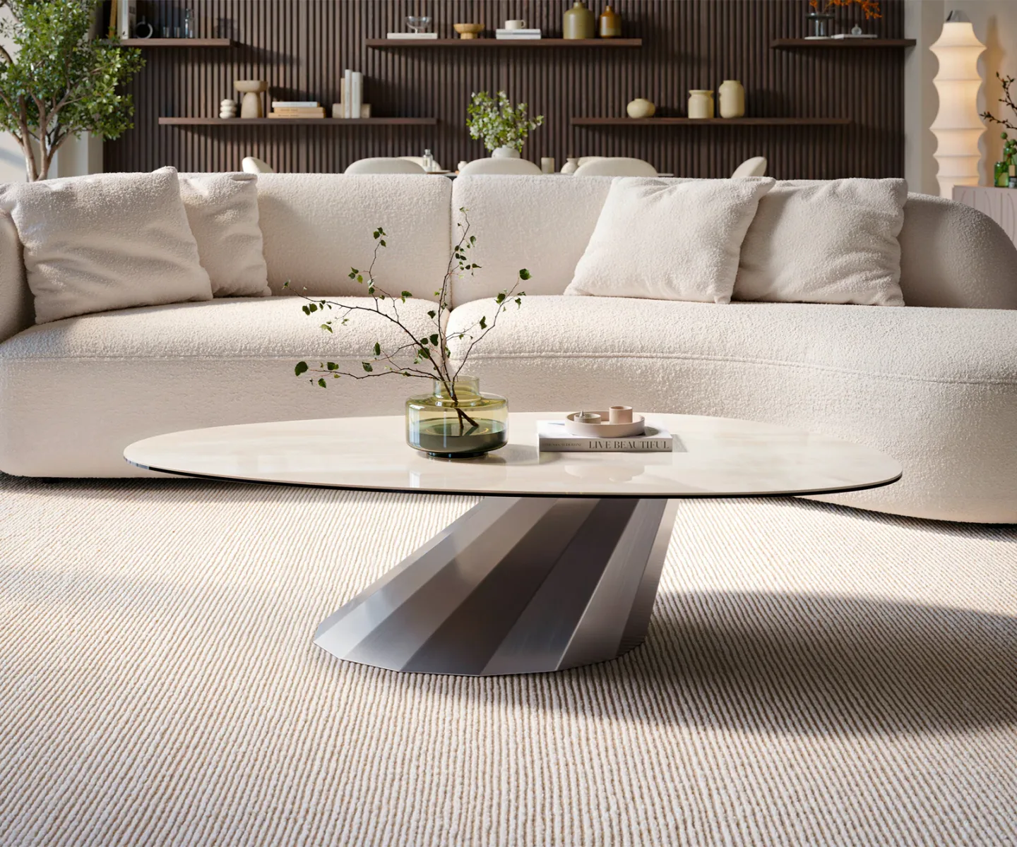 Couchtisch Edge Oval 140x75 cm Keramik Onyx Champagne Parabi Edelstahl gebürstet