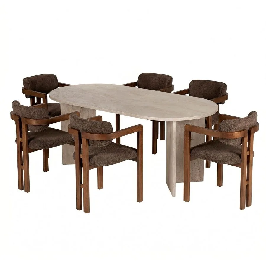 Essgruppe Georis Travertin, Nussbaum, Braun 100% Melaminbeschichtete Spanplatte Massivholz B 180 T 90 cm