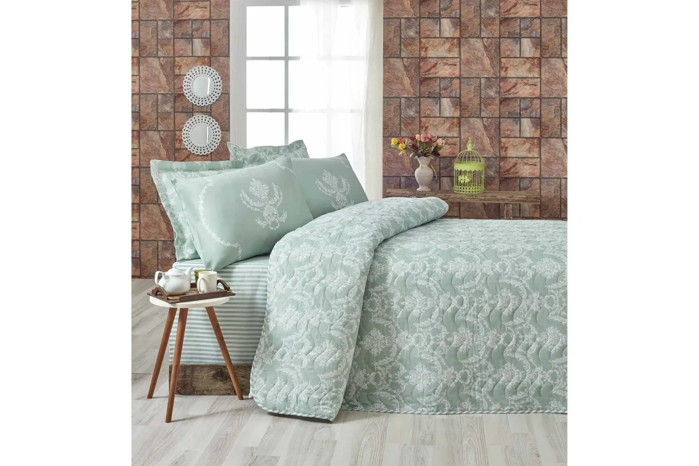Eponj Home Överkast Dubbelt 200x220+2 Kuddfodral Quiltat - Grön/Vit