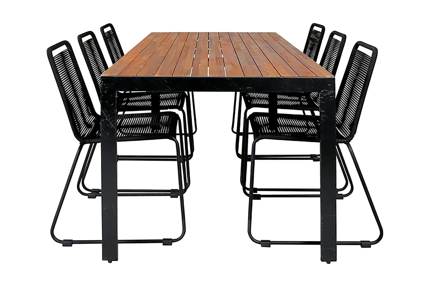Bois Matgrupp Utomhus 205cm + 6 Lindos Stapelbara Matstolar - Svart/Grå