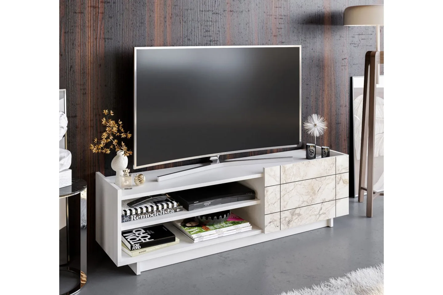 Ulica Tv-bänk 140 cm Dörr + 3 Hyllor - Vit