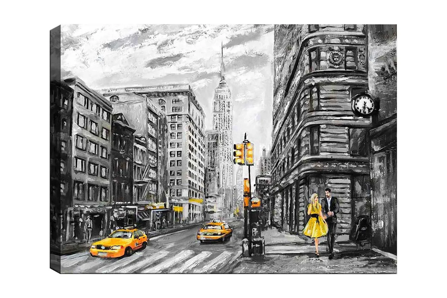 Canvastavla 70x100 cm - Romantisk scen av ett par som promenerar på en livlig gata i New York, omgiven av klassiska byggnader och gula taxibilar - Gult / Svart / Grått