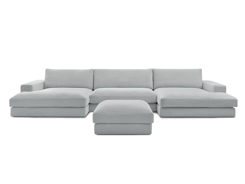 Panorama-Ecksofa mit Hocker BOBOCHIC LEONARD Cord-Stoff hellgrau