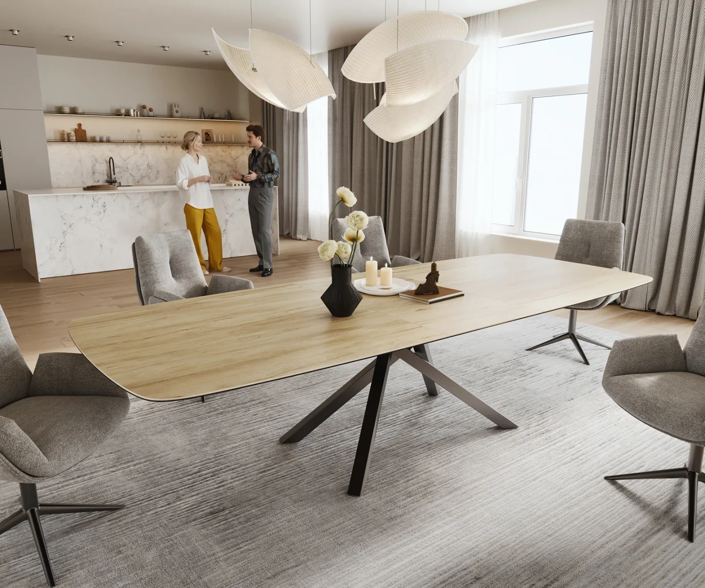 Esstisch Edge Boot 240-300x120 cm Keramik Laminam® Sabbia Eichefarbig Kreuzgestell Rechteck Edelstahl Graphit ausziehbar