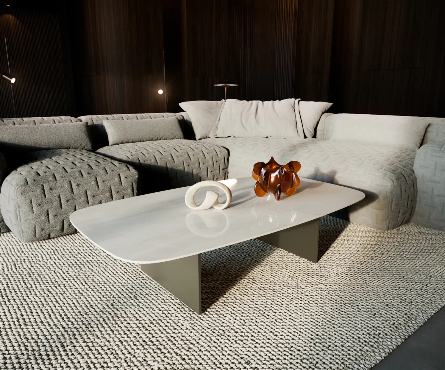 Couchtisch Edge Boot 140x80 cm Keramik Onyx Champagne Salto Metall Effektfinish Titan