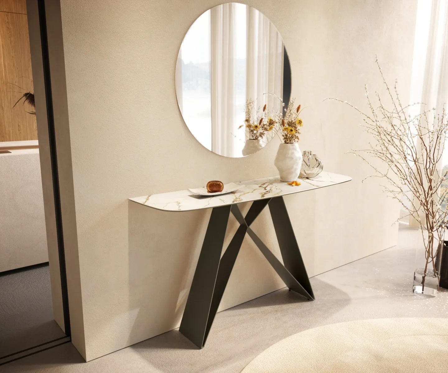 Konsolentisch Edge Boot 140x40 cm Keramik Calacatta Luxe Weiß-Gold-Grau Velio Metall Effektfinish Titan