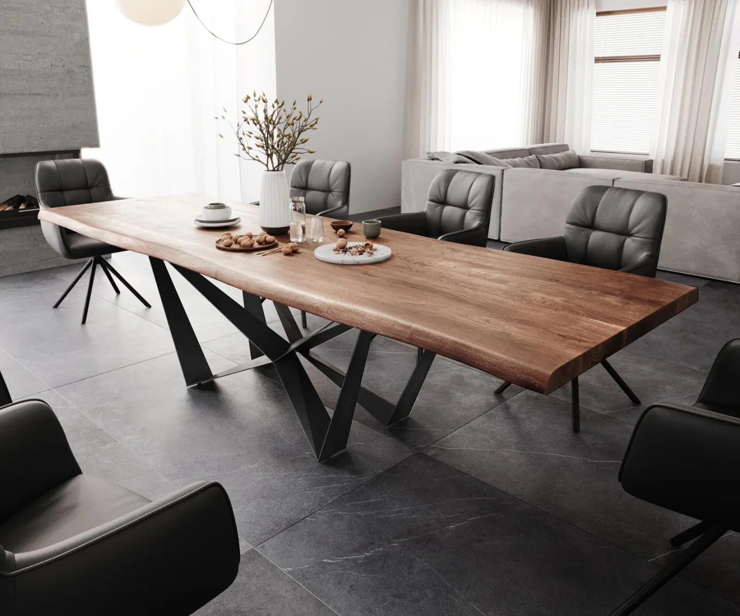 Esstisch Edge 300x100 XL Akazie Braun Spider Flachstahl Schwarz Live-Edge
