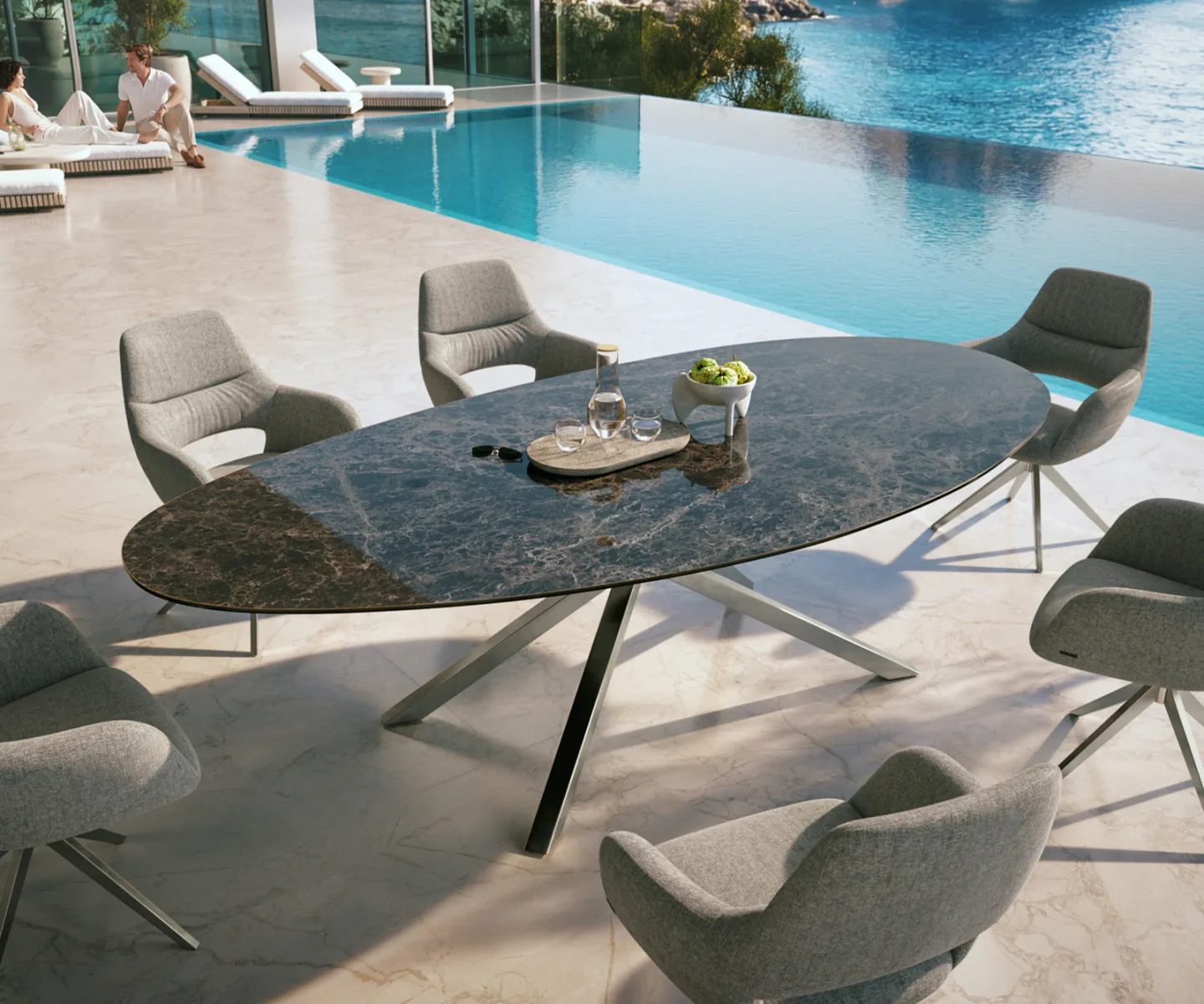 Outdoortisch Edge Oval 280x130 cm Keramik Emperador Extra Lucidato Dunkelbraun Kreuzgestell Rechteck Edelstahl