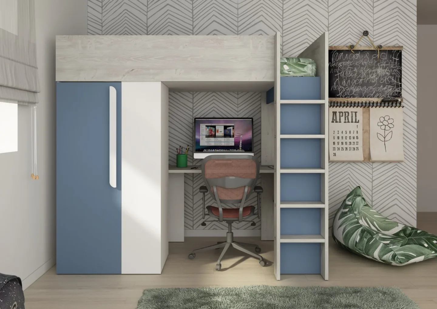 Drømmerom - Trasman Studio Loftseng med Garderobe 90x200 - smokey blå