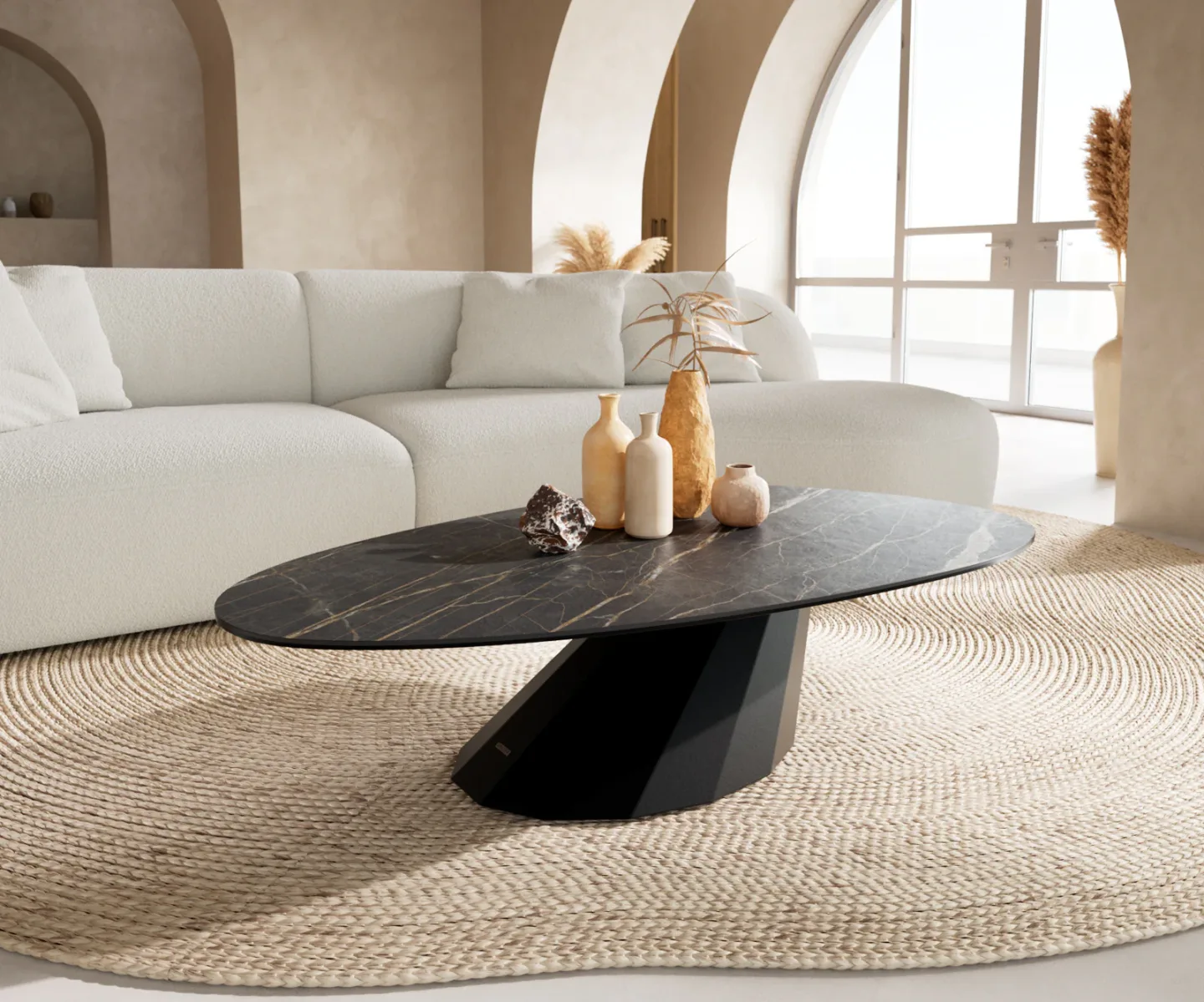 Couchtisch Edge Oval 140x75 cm Keramik Laminam® Noir Desir Braun Parabi Metall Schwarz