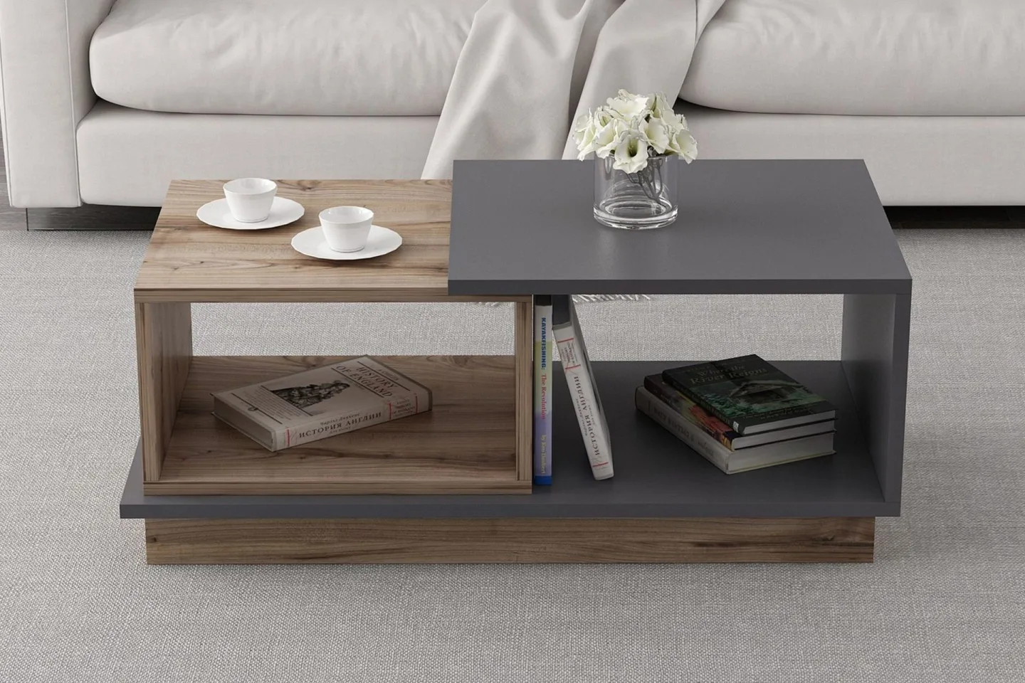 Broceni Soffbord 90 cm med Förvaring Hyllor - Antracit/Natur