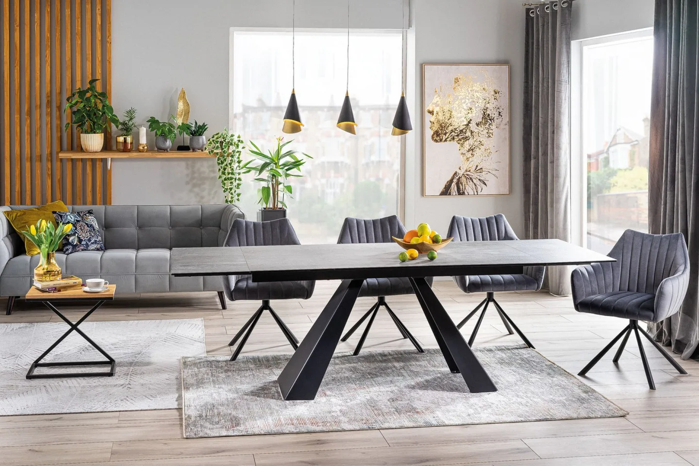 Matbord Rians Förlängningsbart 160 cm Betonglook - Glas/Betonggrå/Mattsvart