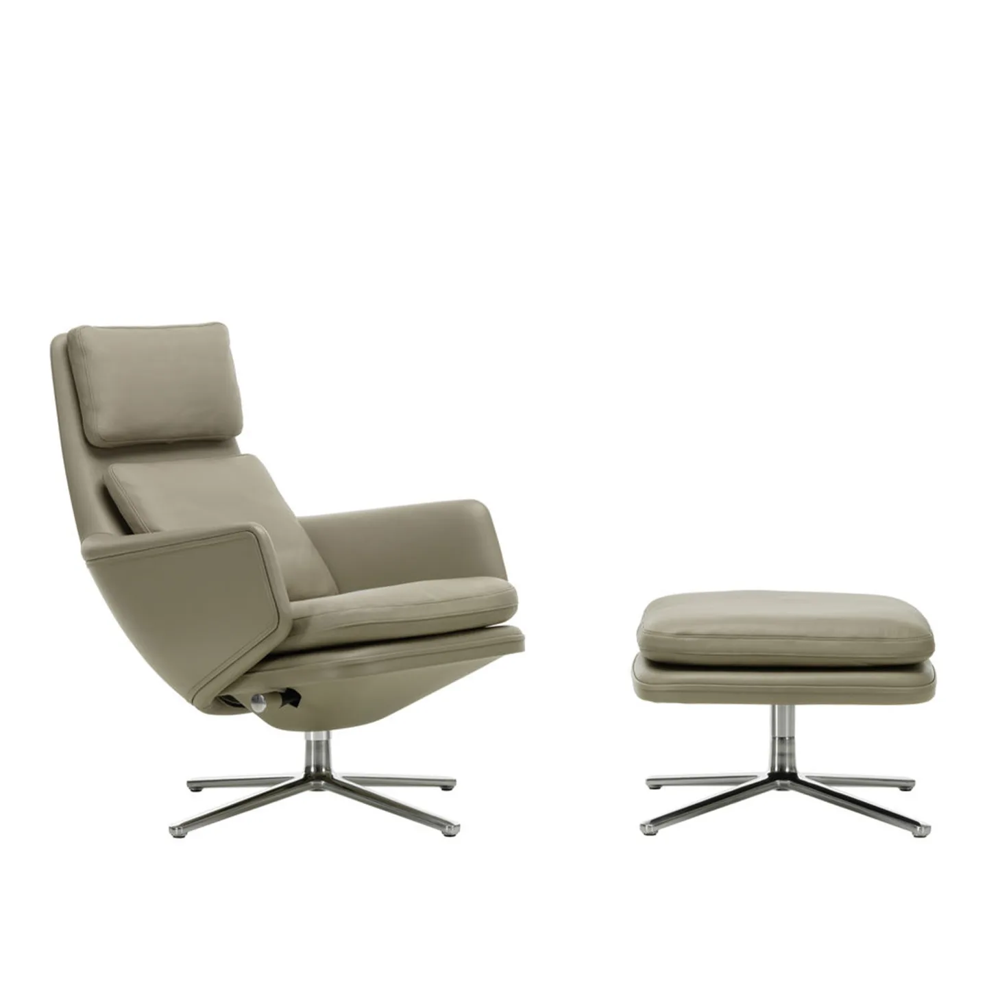 Vitra - Grand Relax + Ottoman Low, Aluminium Polished Base, Back/Seat Leather Premium Cognac, Felt Glides For Hard Floor - Fåtöljer - Antonio Citterio - Brun - Dun/Läder/Metall/Syntetiskt/Skum