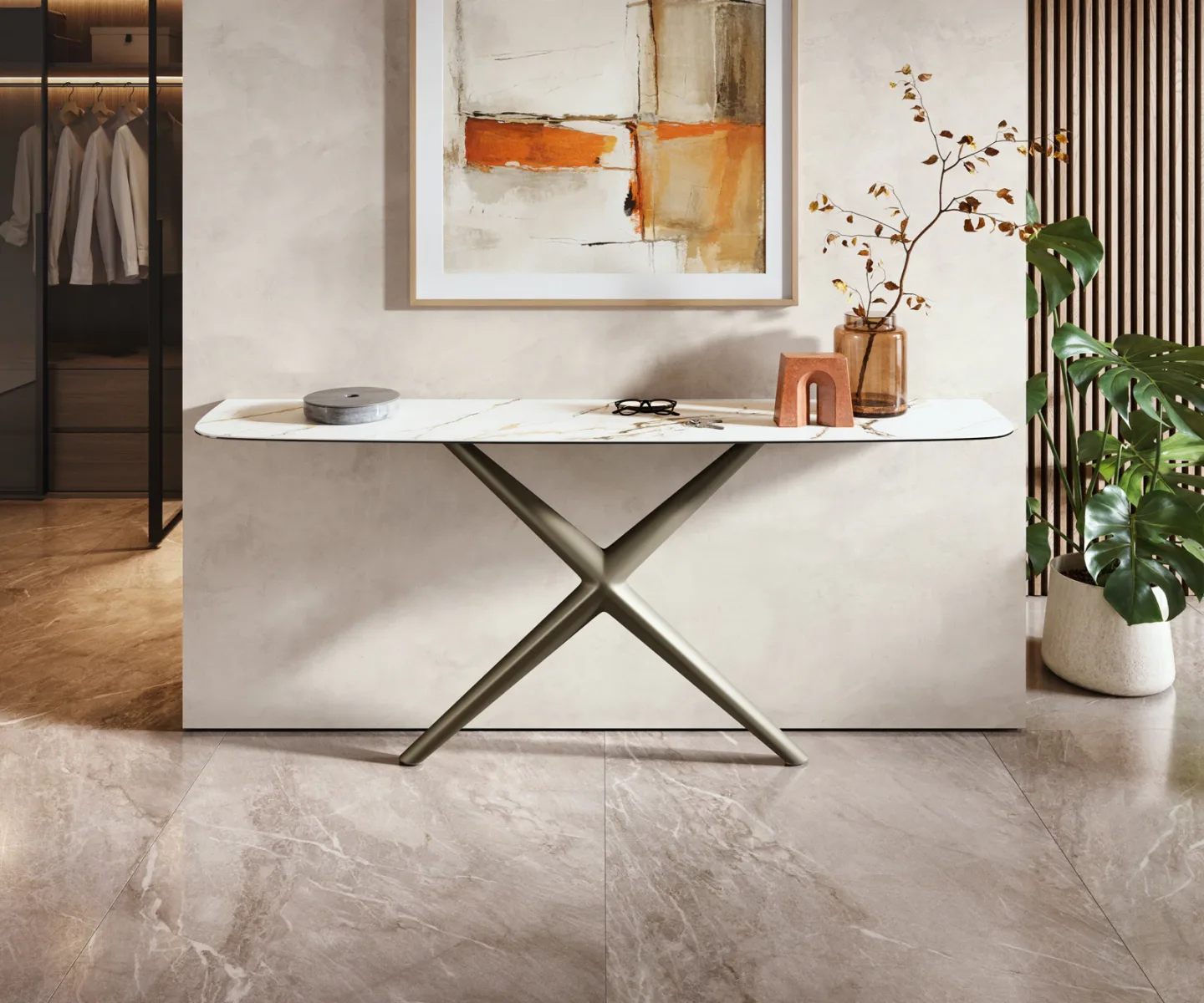 Konsolentisch Edge Boot 180x40 cm Keramik Calacatta Luxe Weiß-Gold-Grau Estelo Metall Effektfinish Titan
