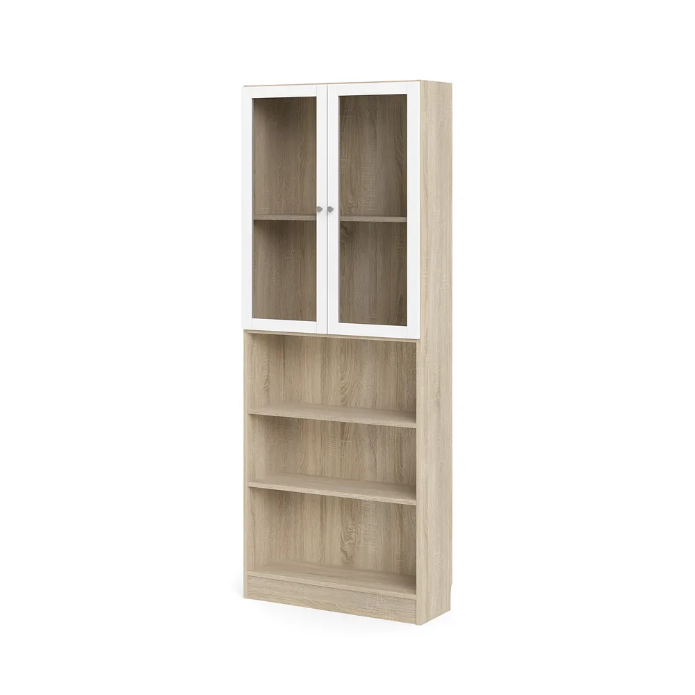 Base Regal mit 2 Glastüren und 2 Regalen, Eichendekor / Weiß.