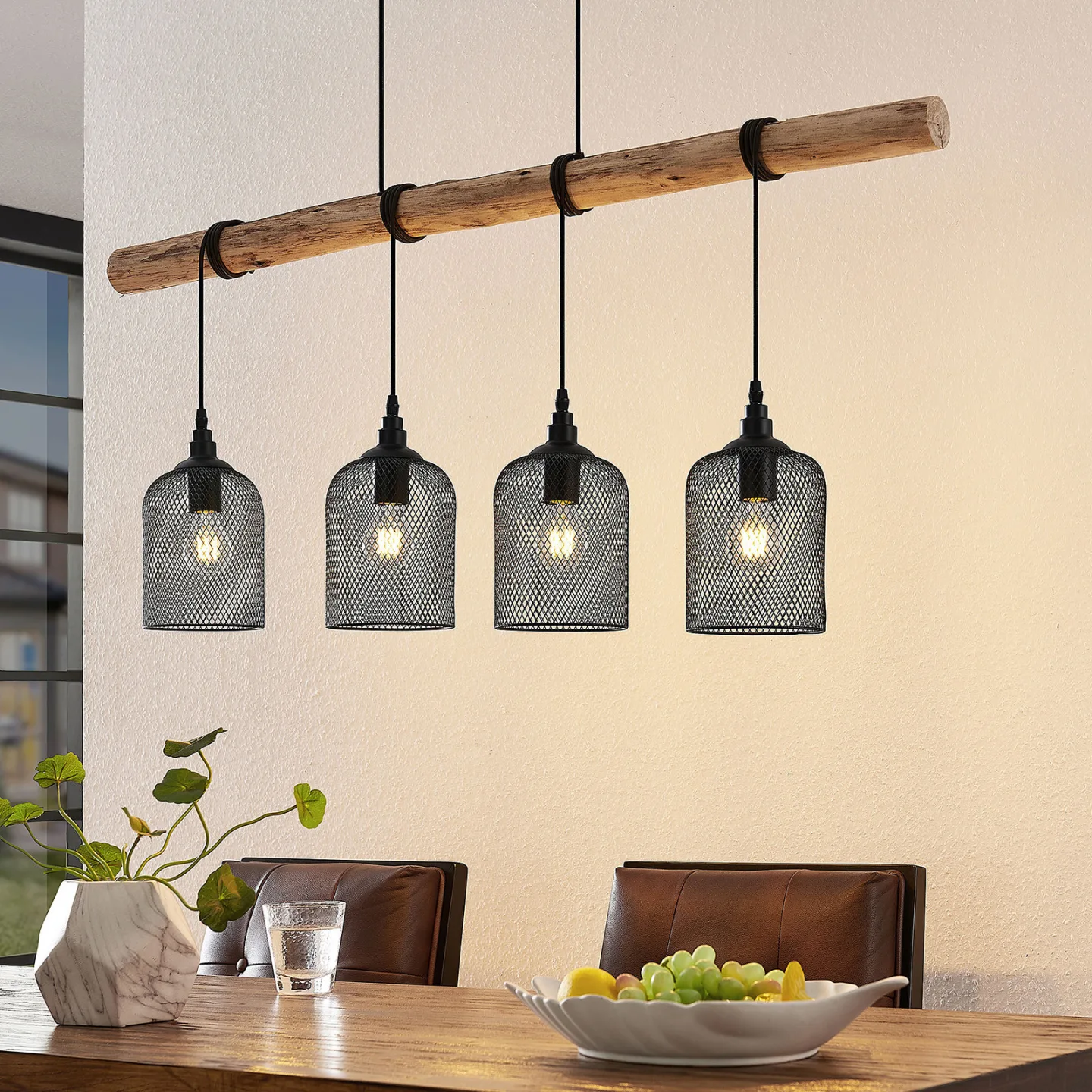 Elrond 4 Pendelleuchte Black/Wood - Lindby - Küche - Landhaus / Rustikal - Holz - Mehrflammig