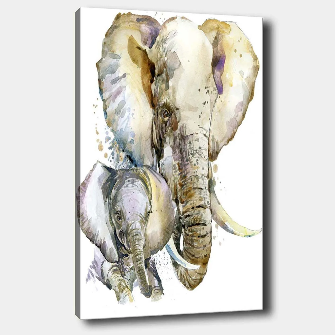 Canvastavla 70x100 cm - Målningen föreställer en stor och en liten elefant i en mjuk och färgstark akvarellstil - Grå / Beige / Lila