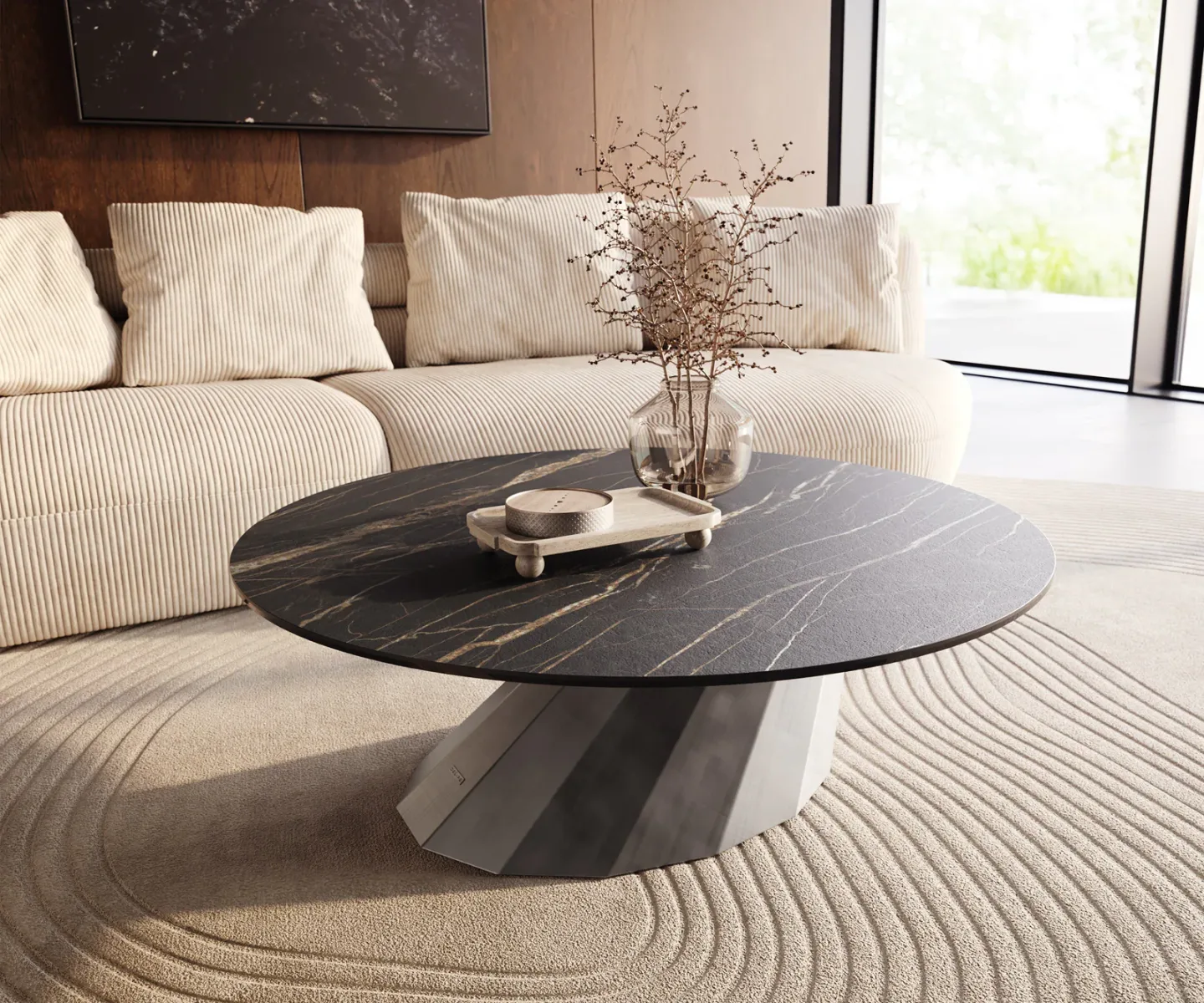 Couchtisch Edge Rund 100x100 cm Keramik Laminam® Noir Desir Braun Parabi Metallic Silber