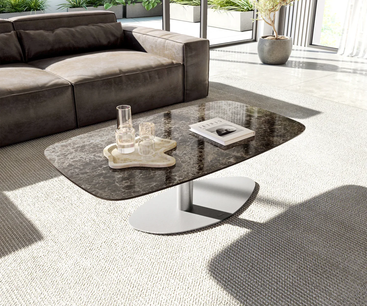 Couchtisch Edge Boot 120x70 cm Keramik Emperador Extra Lucidato Dunkelbraun Vibany Edelstahl gebürstet