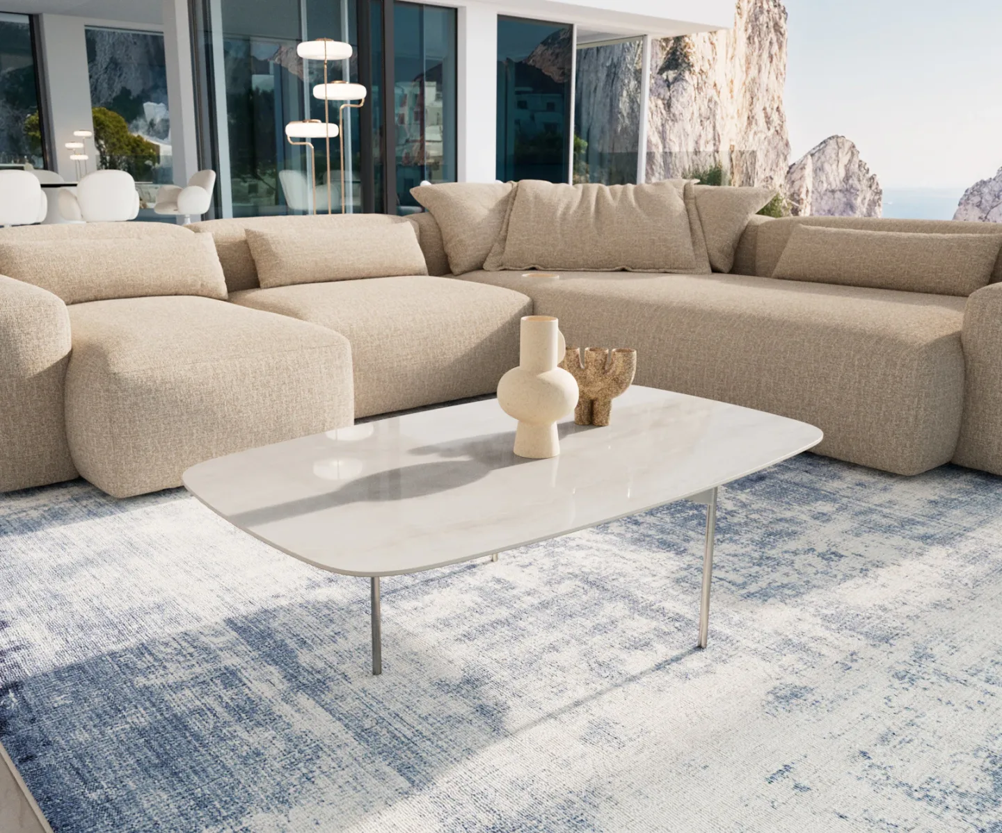 Couchtisch Edge Boot 120x70 cm Keramik Onyx Champagne Trive Edelstahl gebürstet