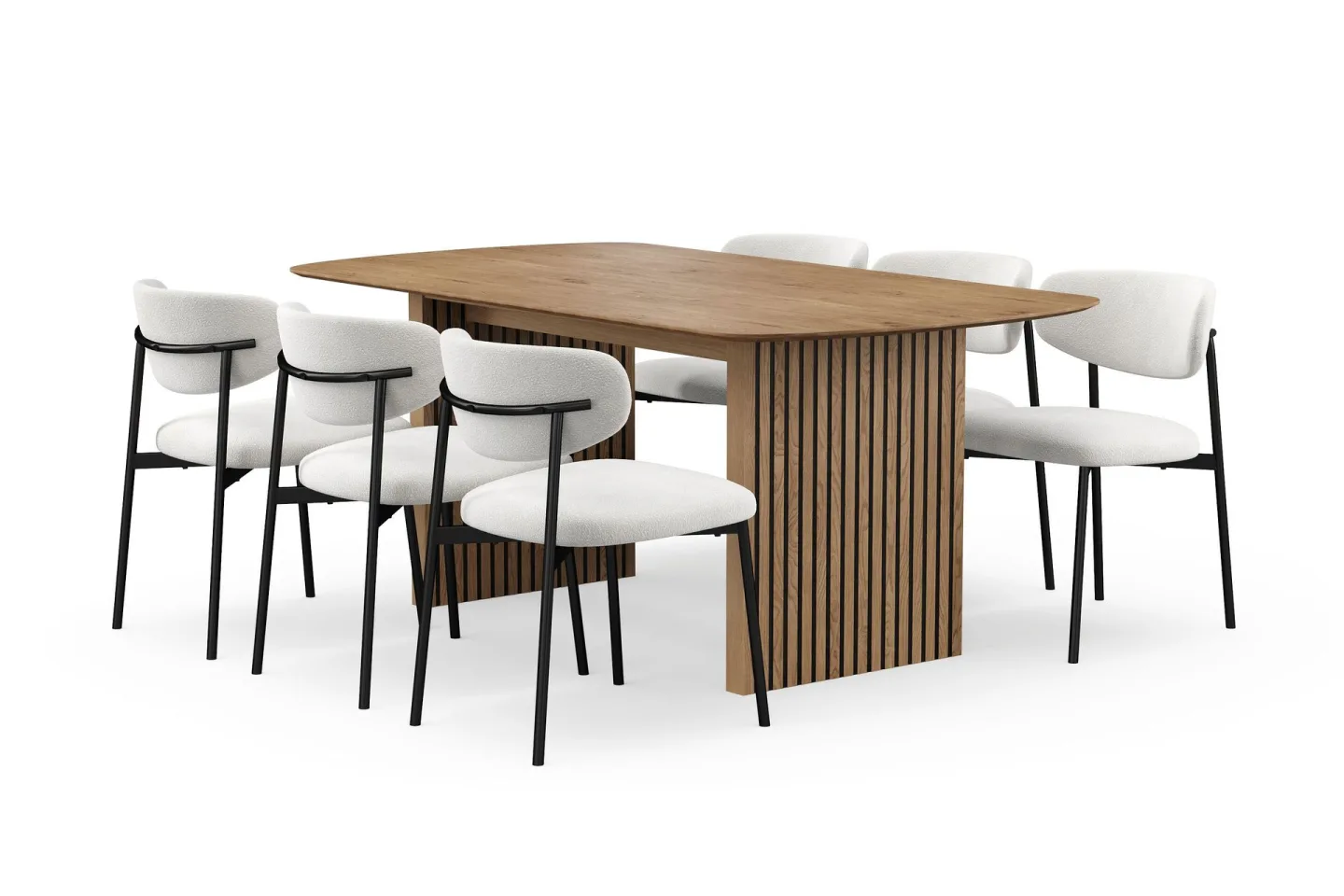 Richeto Matbord 180 cm med 6 Lucy Matstolar - Naturlig finish / Vit Bouclé / Metallben Svart