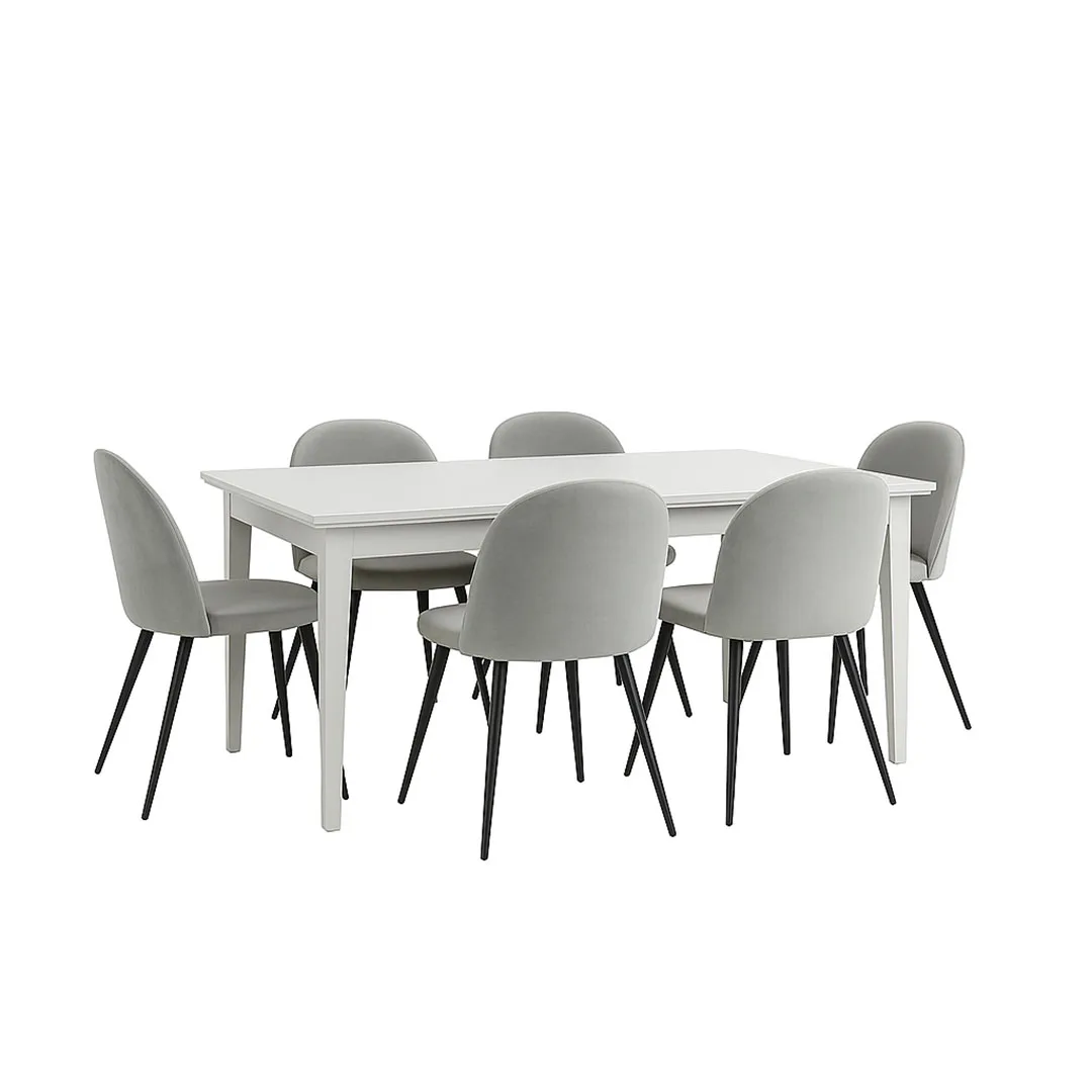 Venedig Essgruppe Tisch weiß 95x180/276 mit 2 Stk. Zusatzplatten 6 Stühlen Velour grau.