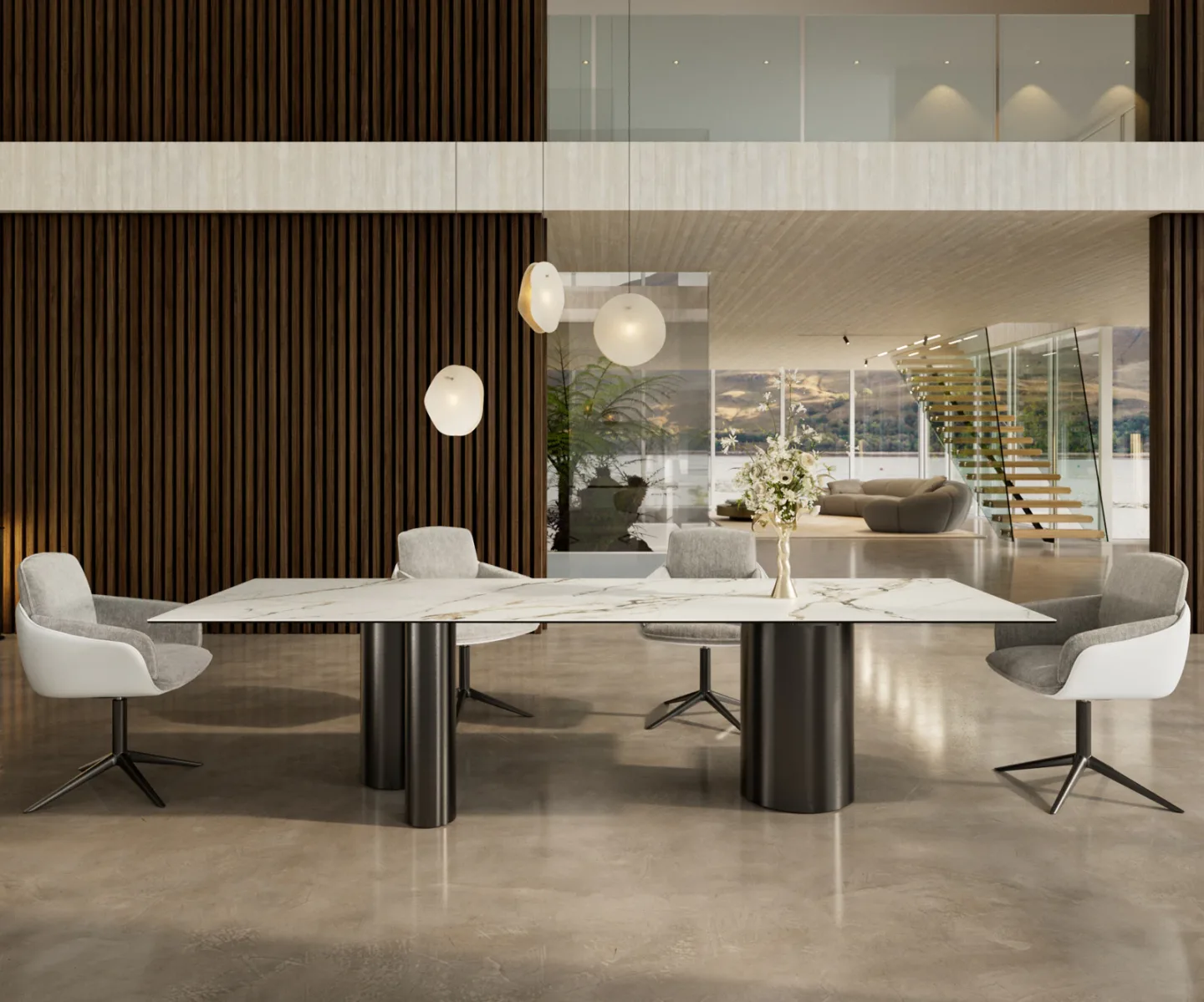 Esstisch Edge 300x100 Keramik Calacatta Luxe Weiß-Gold-Grau Troa Edelstahl Graphit