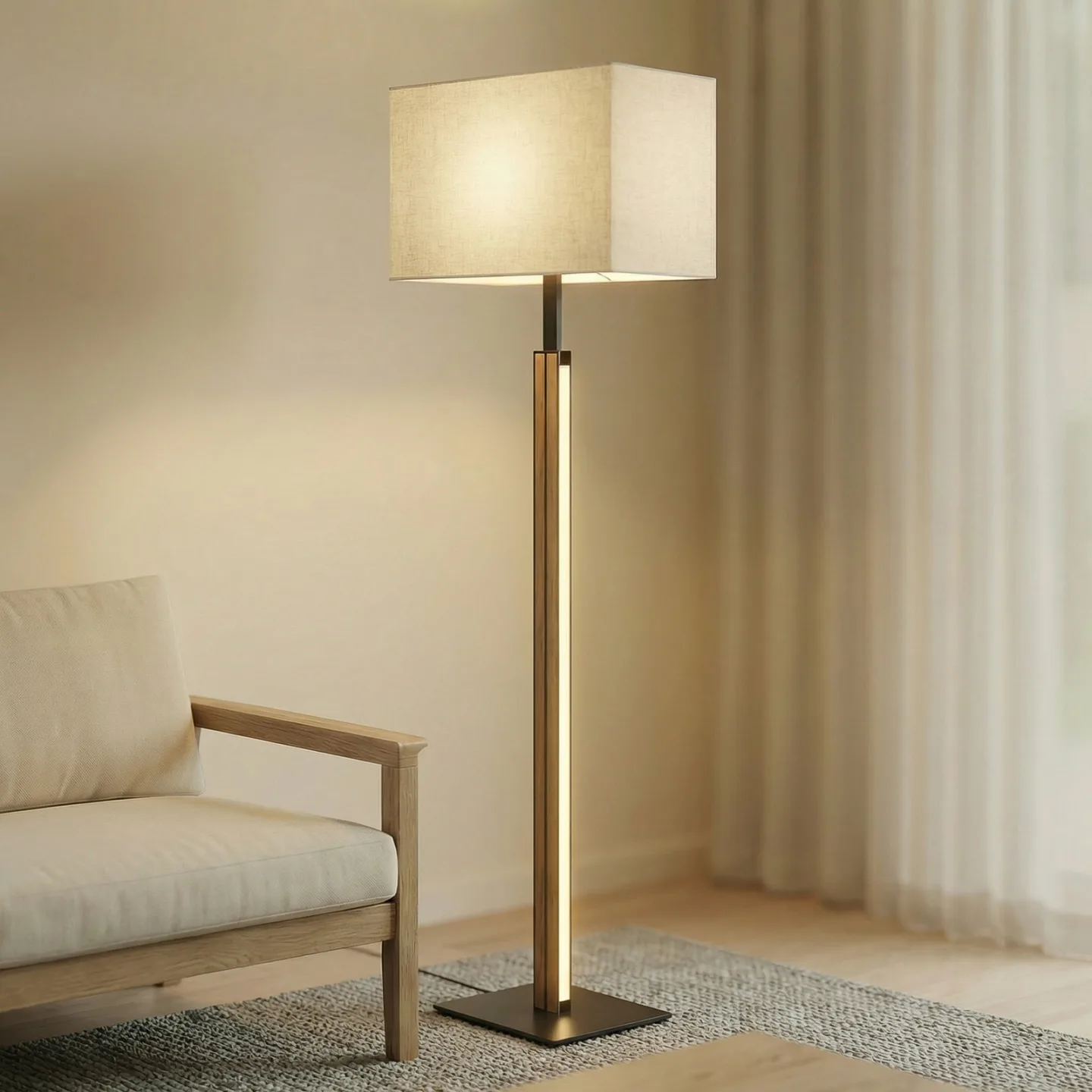 Lisene LED-Stehlampe eiche/schwarz/natur, 162 cm - Quitani - Wohnzimmer - Design - Stoff / Textil - Mit Schirm