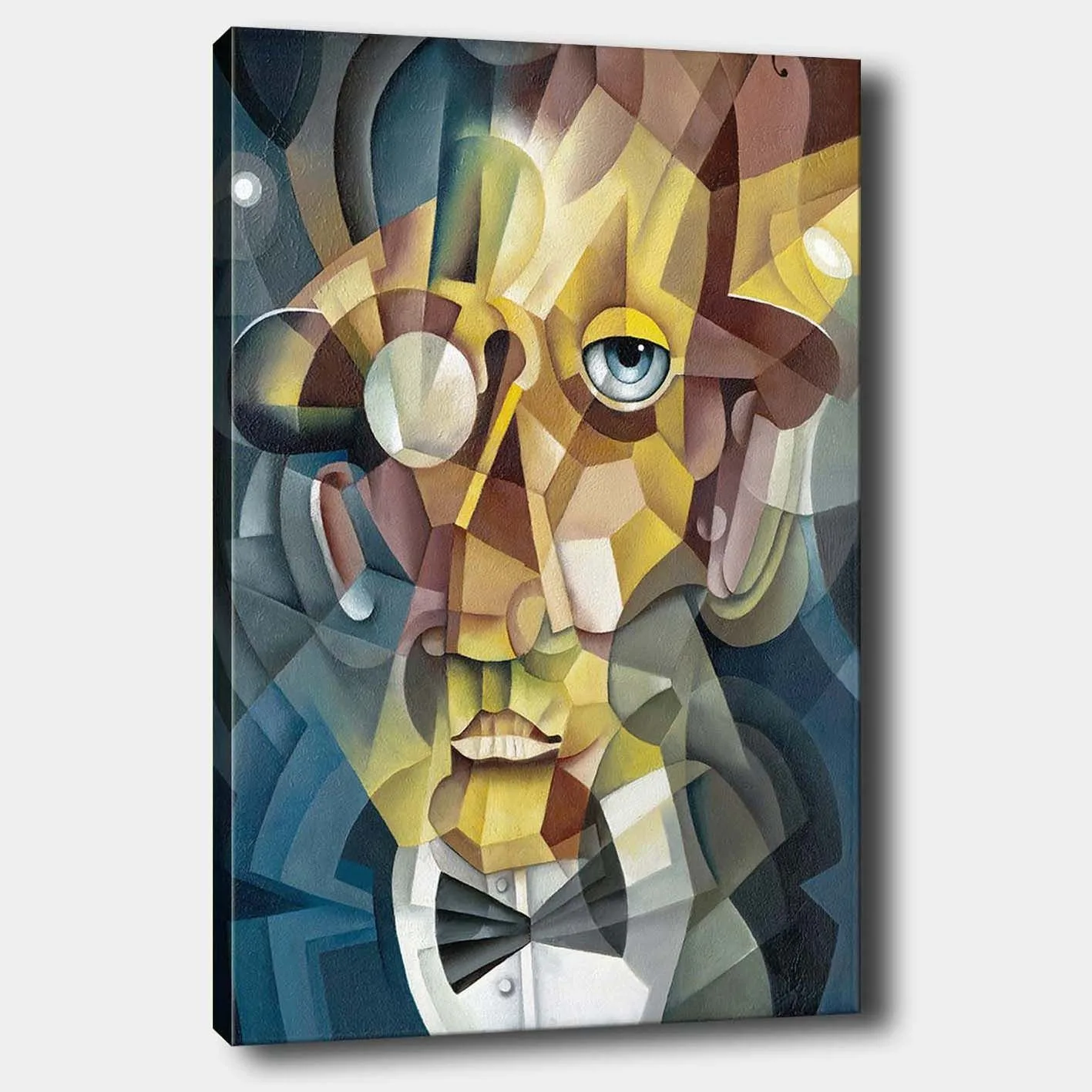 Canvastavla 70x100 cm - Abstrakt porträtt av en man med en elegant kostym och en uttrycksfull blick - Guld / Blå / Beige